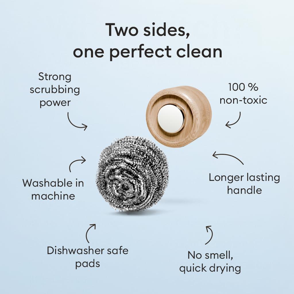 Juego de Limpieza Vove con Mango de Bambú y 3 Estropajos de Acero