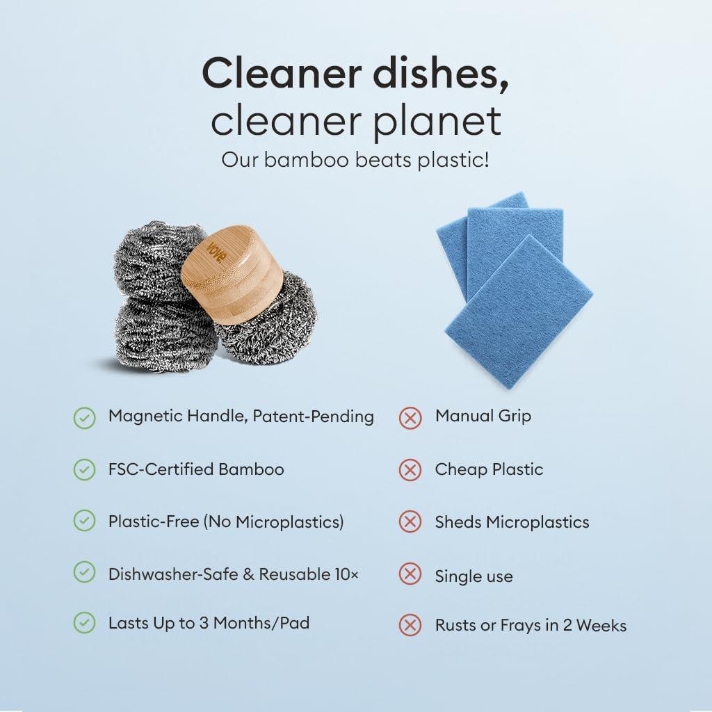 Juego de Limpieza Vove con Mango de Bambú y 3 Estropajos de Acero