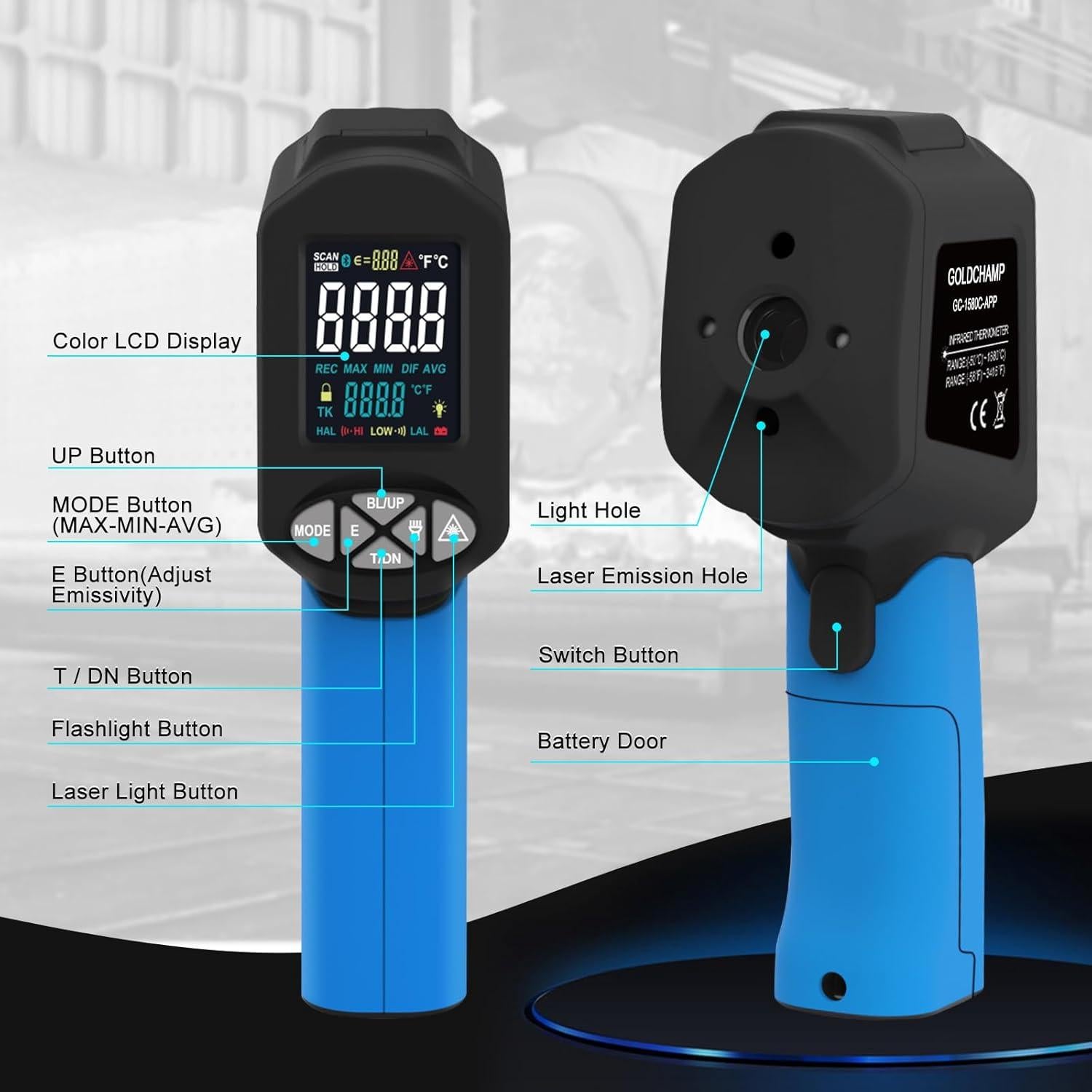 Pistola Termómetro Infrarrojo Bluetooth GOLDCHAMP 1580C-APP