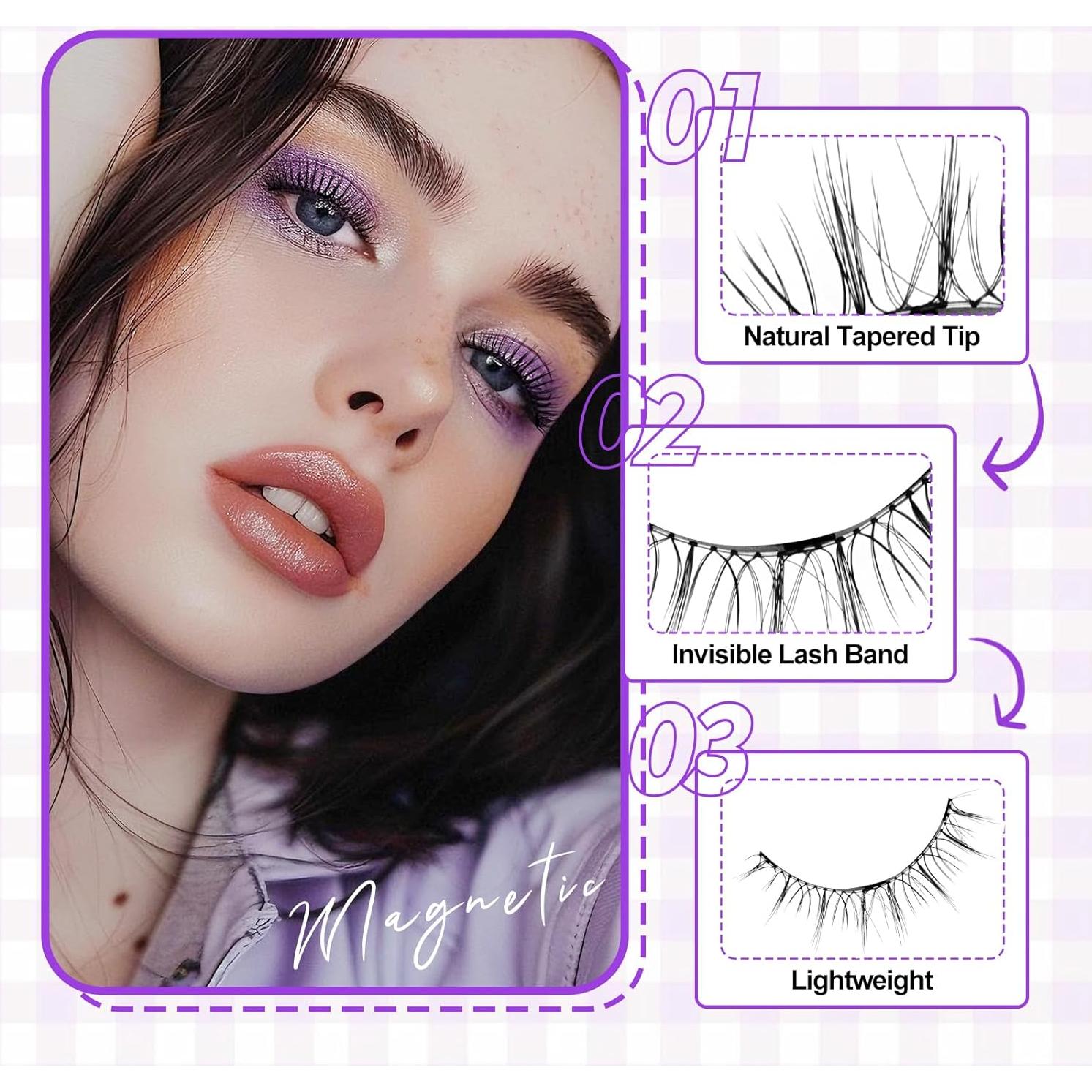 Magnetic Eyelashes Natural Look Magnetic Lashes with Applicator Reusable Eyelashes No Glue and No Eyeliner Needed 2 Pairs(YJ079+B01)