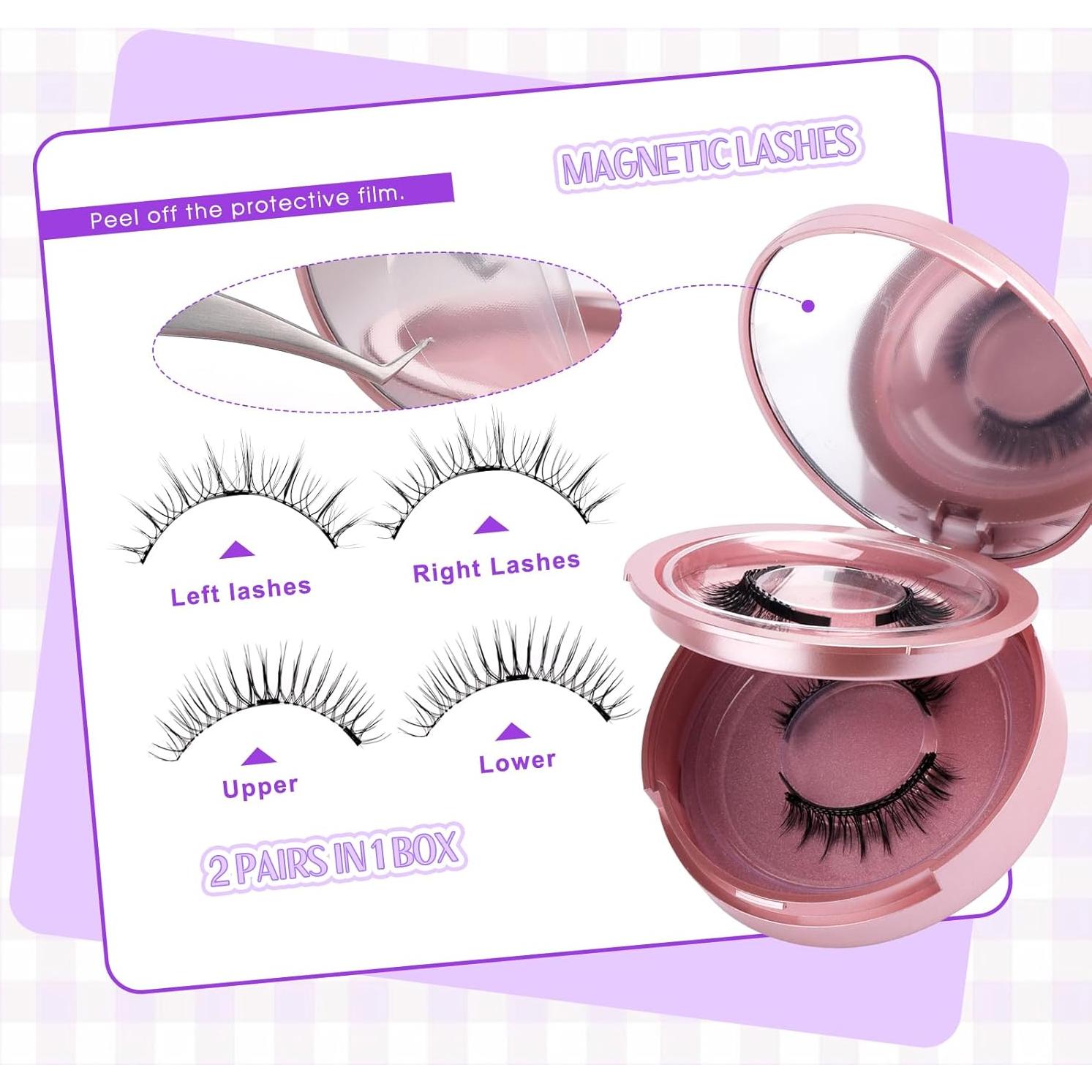 Magnetic Eyelashes Natural Look Magnetic Lashes with Applicator Reusable Eyelashes No Glue and No Eyeliner Needed 2 Pairs(YJ079+B01)