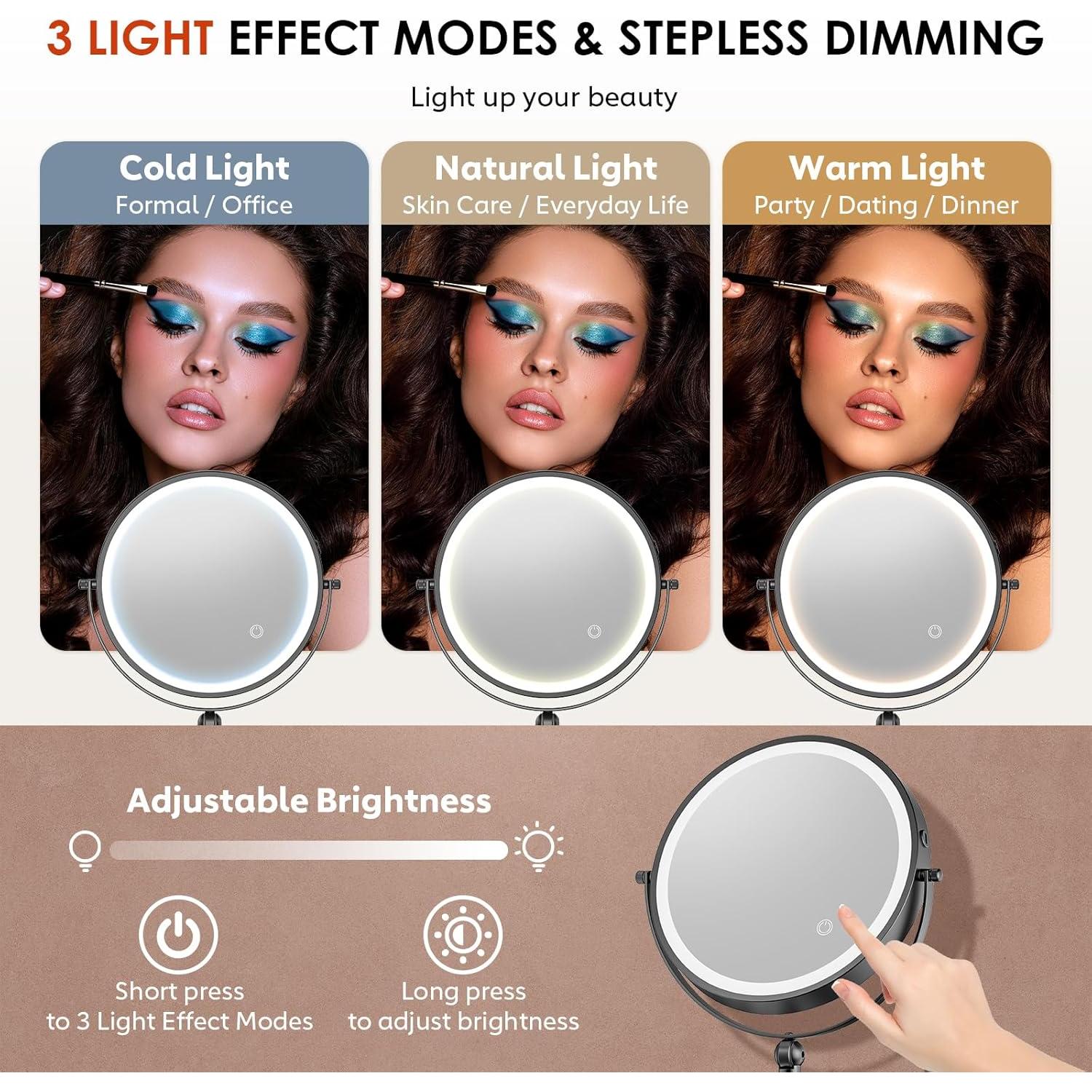 Espejo de Maquillaje Iluminado ZLOKLA 22.86 cm Doble Cara 1X/20X