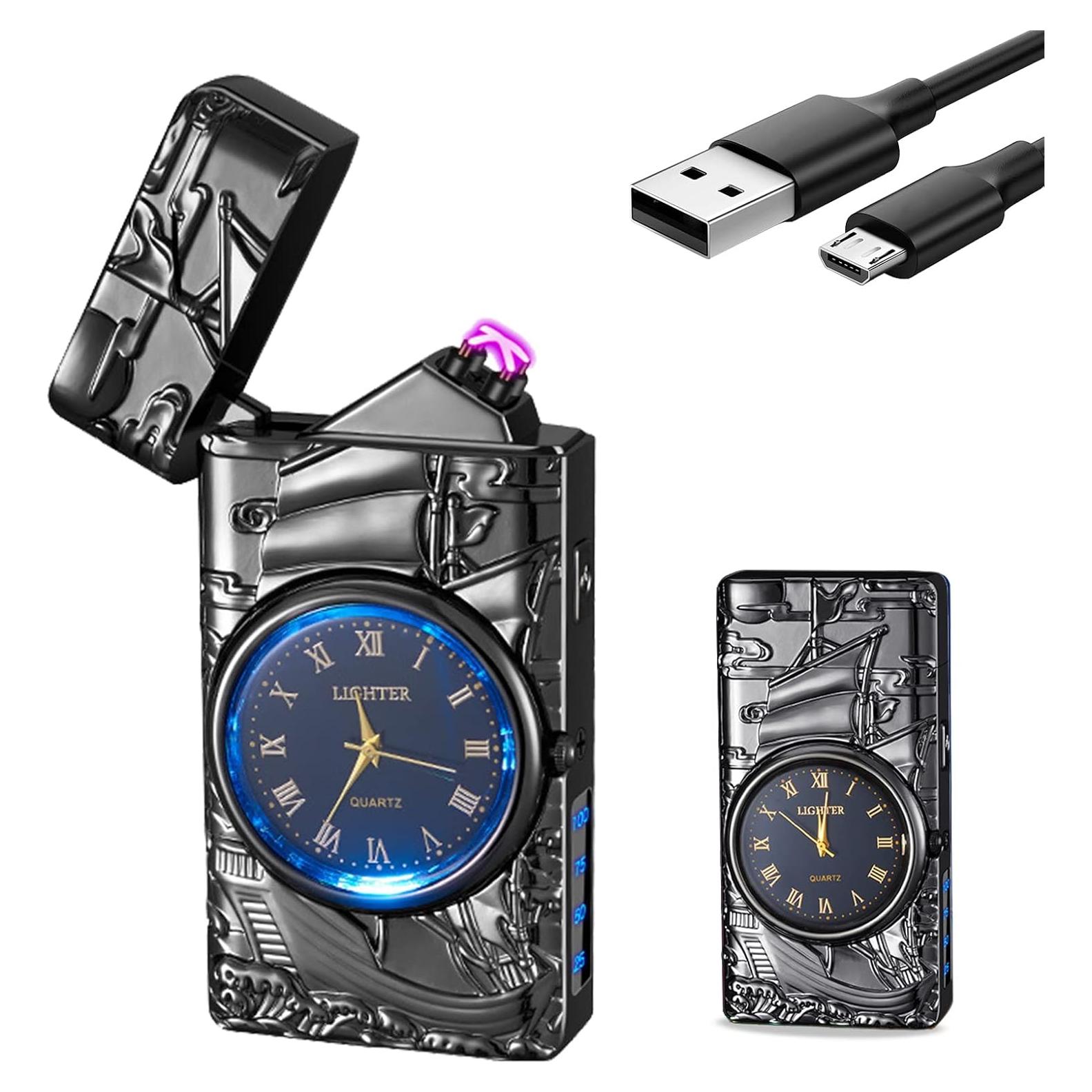 Encendedor eléctrico recargable YOZWOO con reloj y LED - Negro