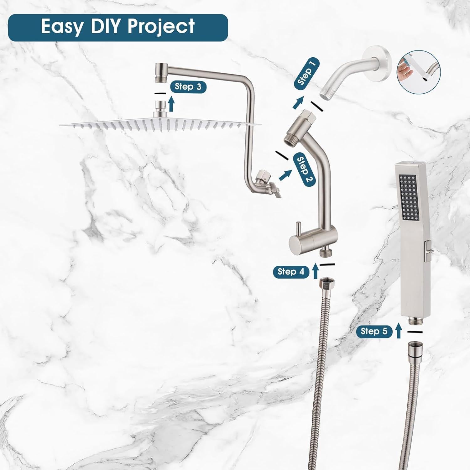 Cabezal de Ducha de Lluvia PDPBath 12" con Mano y Diverter