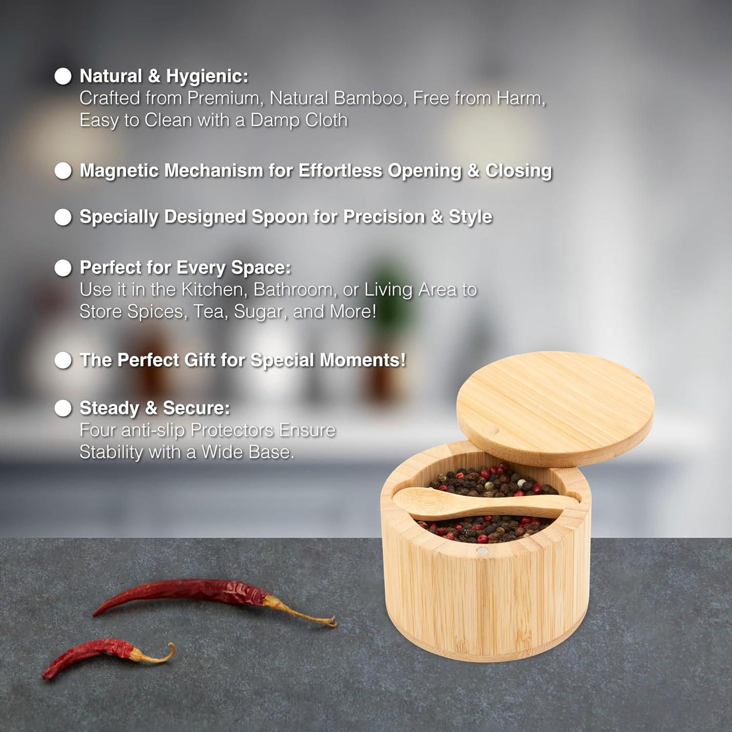 Contenedor de Sal de Bambú 170g con Tapa Magnética y Cuchara