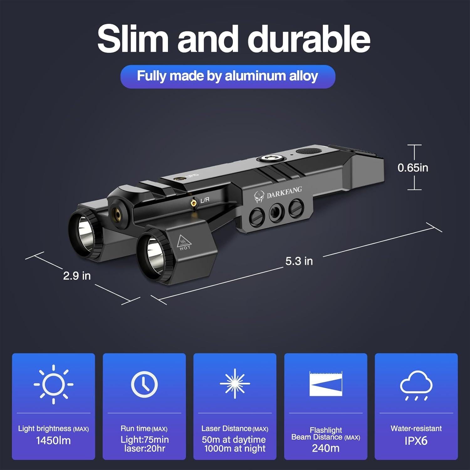 Linterna Táctica DARKFANG 1450 Lúmenes con Láser Rojo