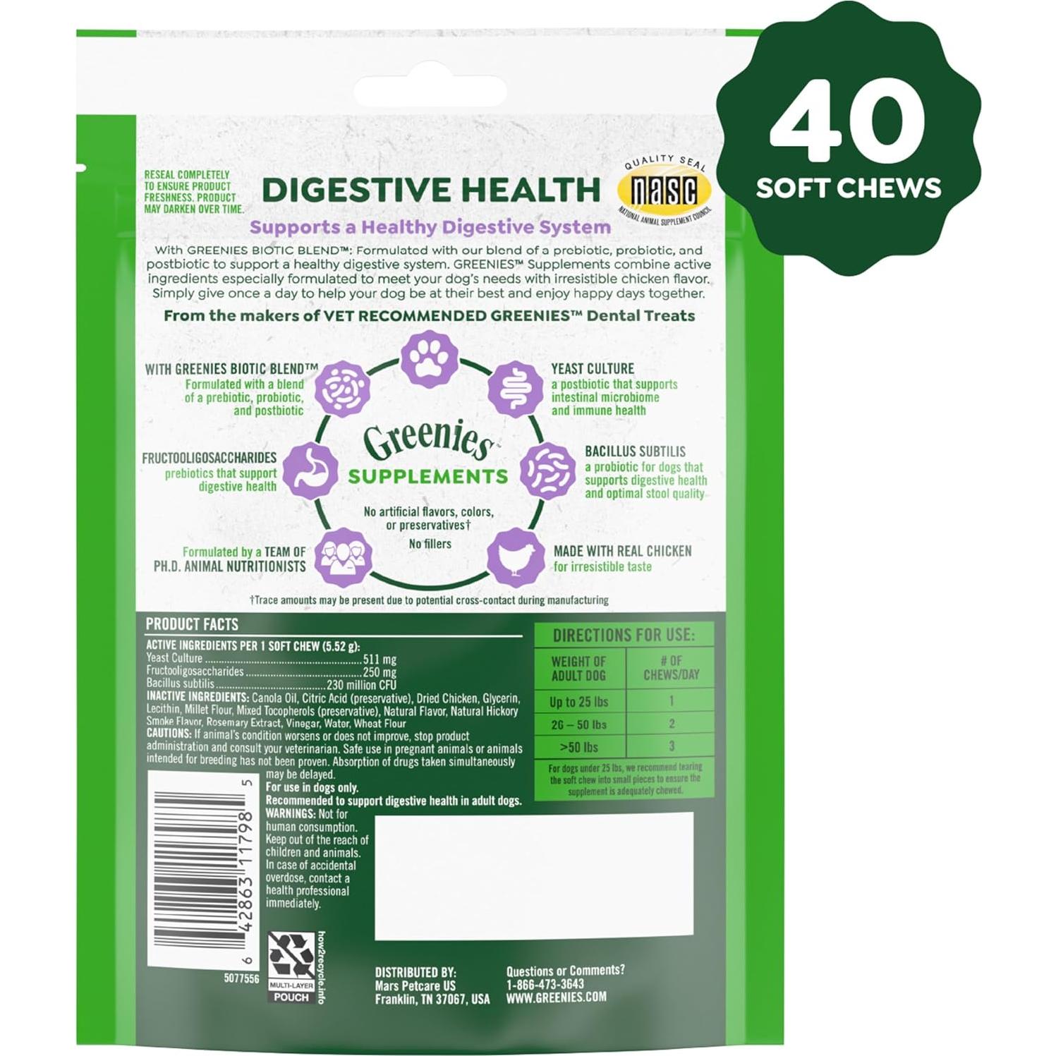 Suplementos Digestivos Greenies para Perros Sabor Pollo 40 Unidades