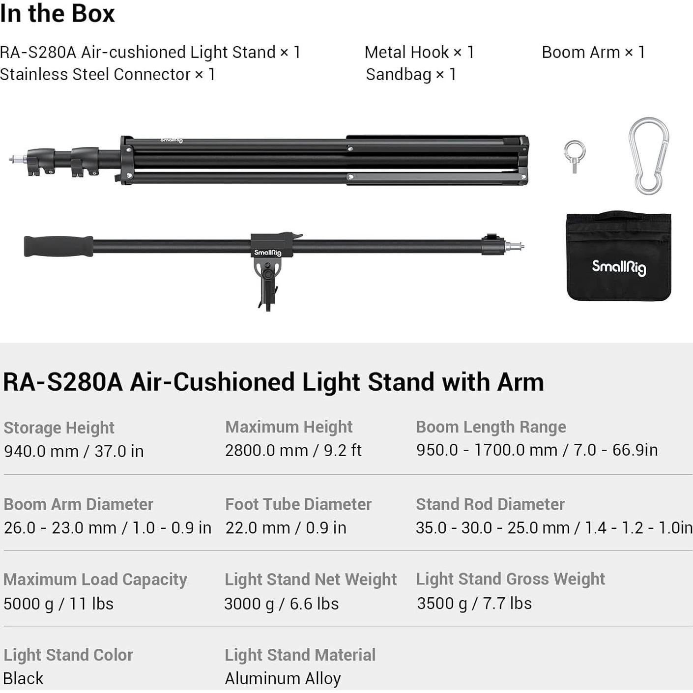 Soporte de Luz SmallRig RA-S280A 280cm Ajustable con Amortiguación