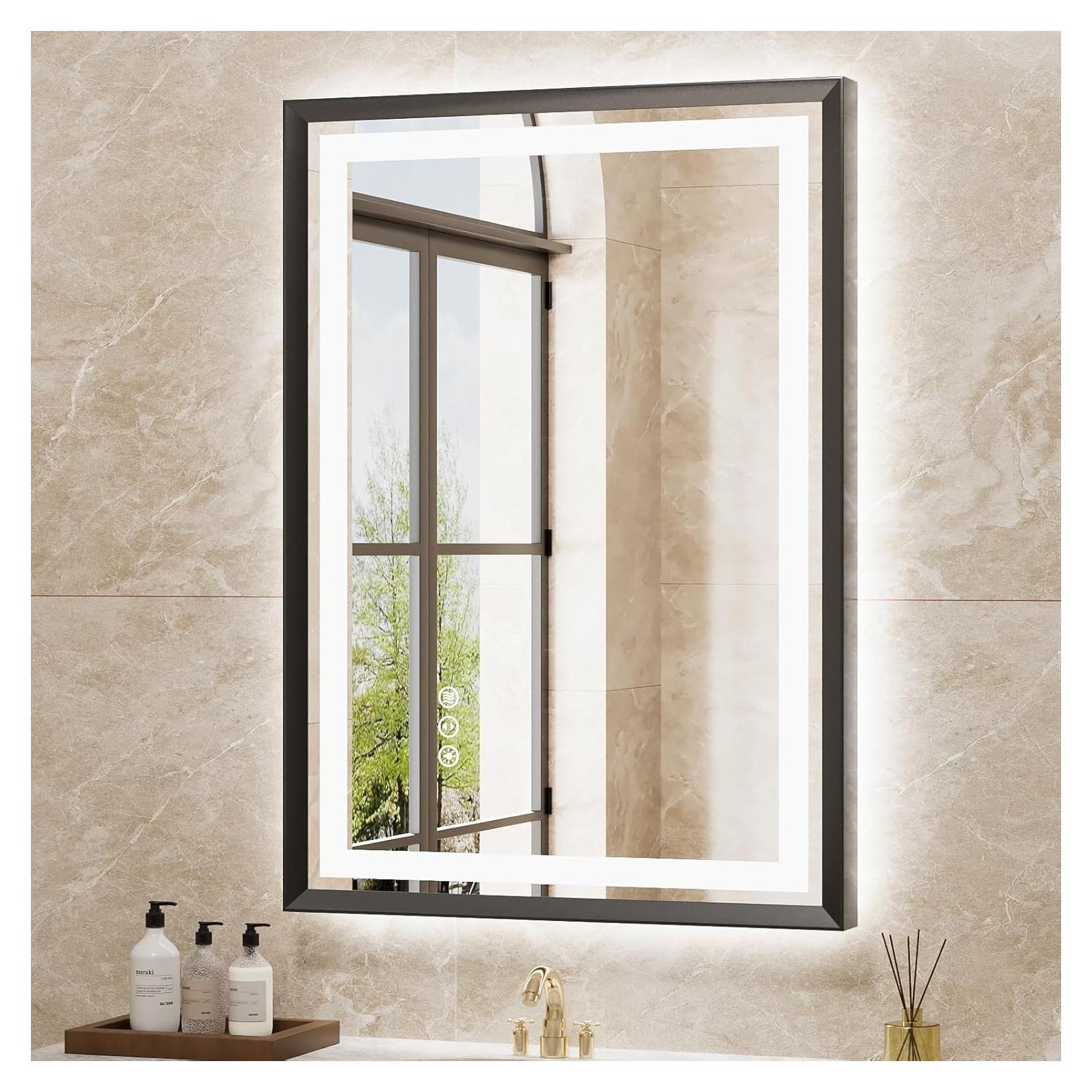 20"x 28" LED Bathroom Mirror with Lights, Brushed Black Metal Frame, Anti-Fog, Dimmable, Backlit + Front Lit, Tempered Glass, Lighted Bathroom Vanity Mirror for Wall(Horizontal/Vertical)