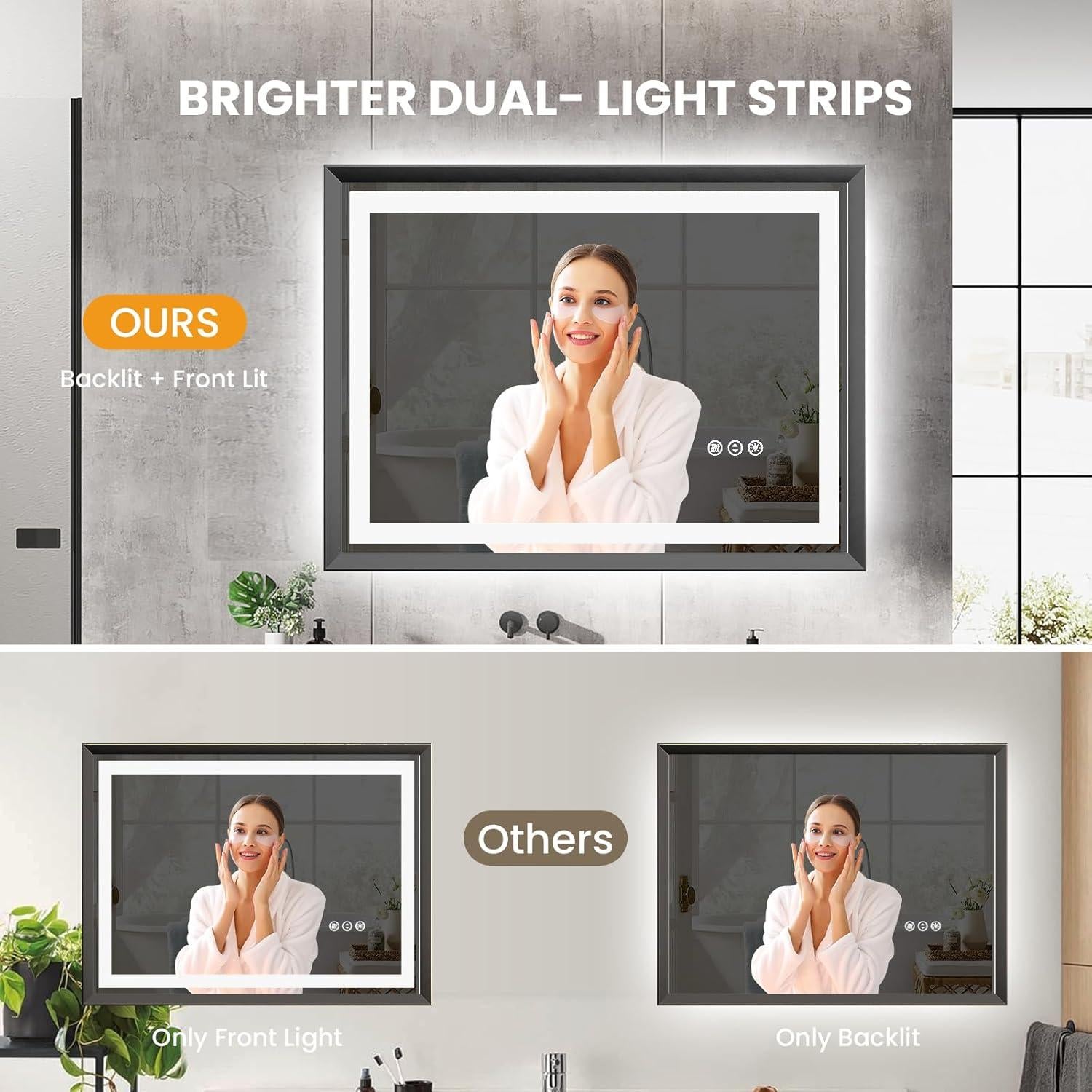 20"x 28" LED Bathroom Mirror with Lights, Brushed Black Metal Frame, Anti-Fog, Dimmable, Backlit + Front Lit, Tempered Glass, Lighted Bathroom Vanity Mirror for Wall(Horizontal/Vertical)