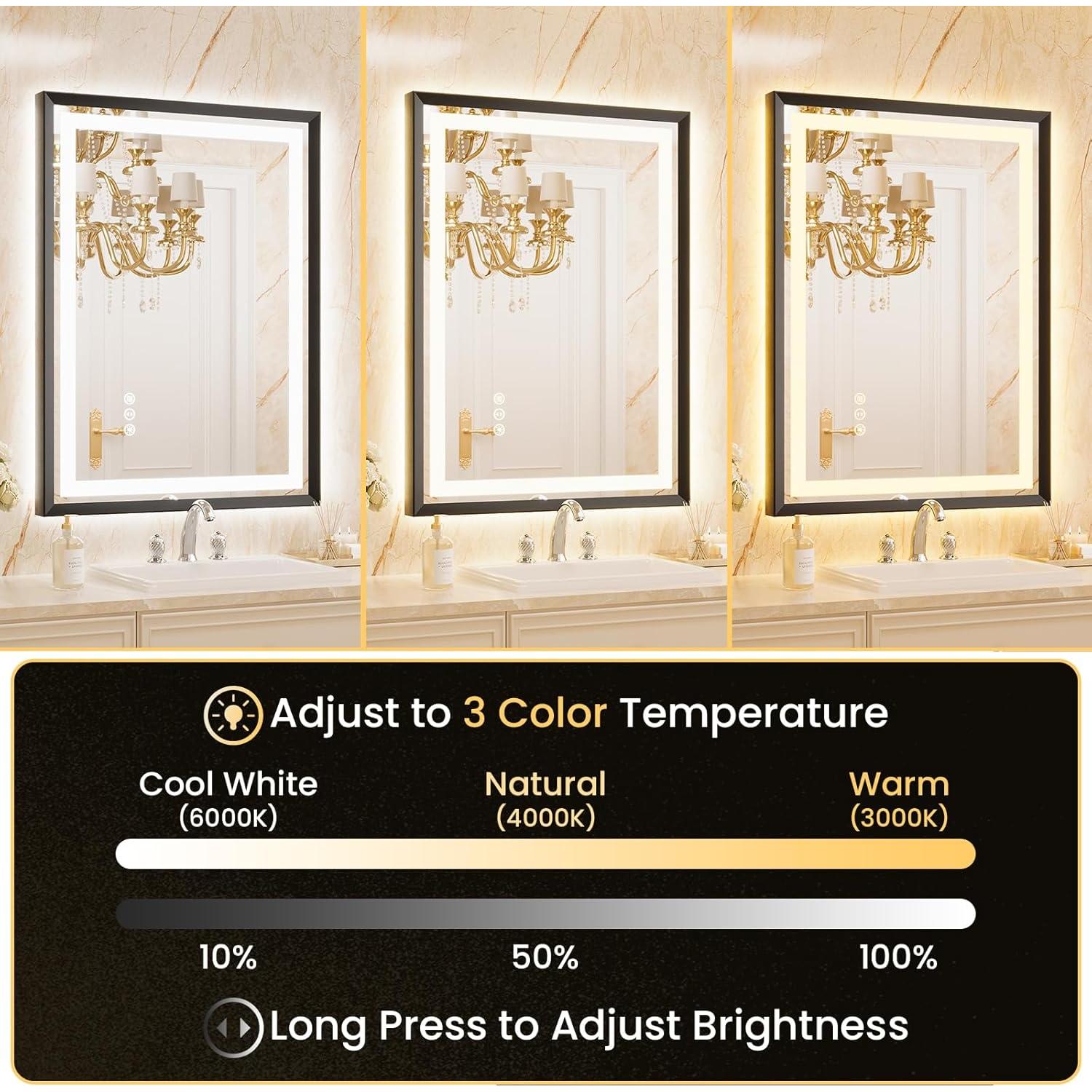 20"x 28" LED Bathroom Mirror with Lights, Brushed Black Metal Frame, Anti-Fog, Dimmable, Backlit + Front Lit, Tempered Glass, Lighted Bathroom Vanity Mirror for Wall(Horizontal/Vertical)