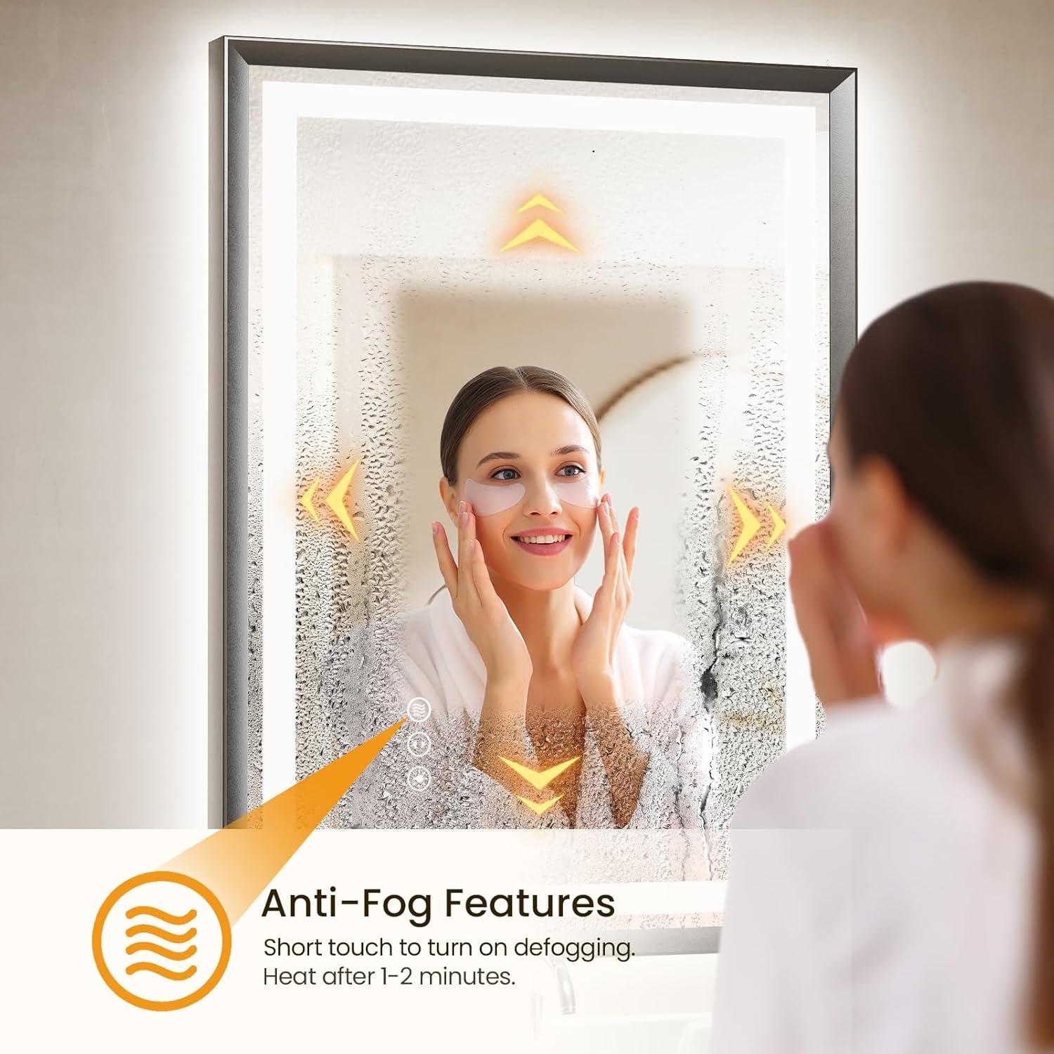 20"x 28" LED Bathroom Mirror with Lights, Brushed Black Metal Frame, Anti-Fog, Dimmable, Backlit + Front Lit, Tempered Glass, Lighted Bathroom Vanity Mirror for Wall(Horizontal/Vertical)
