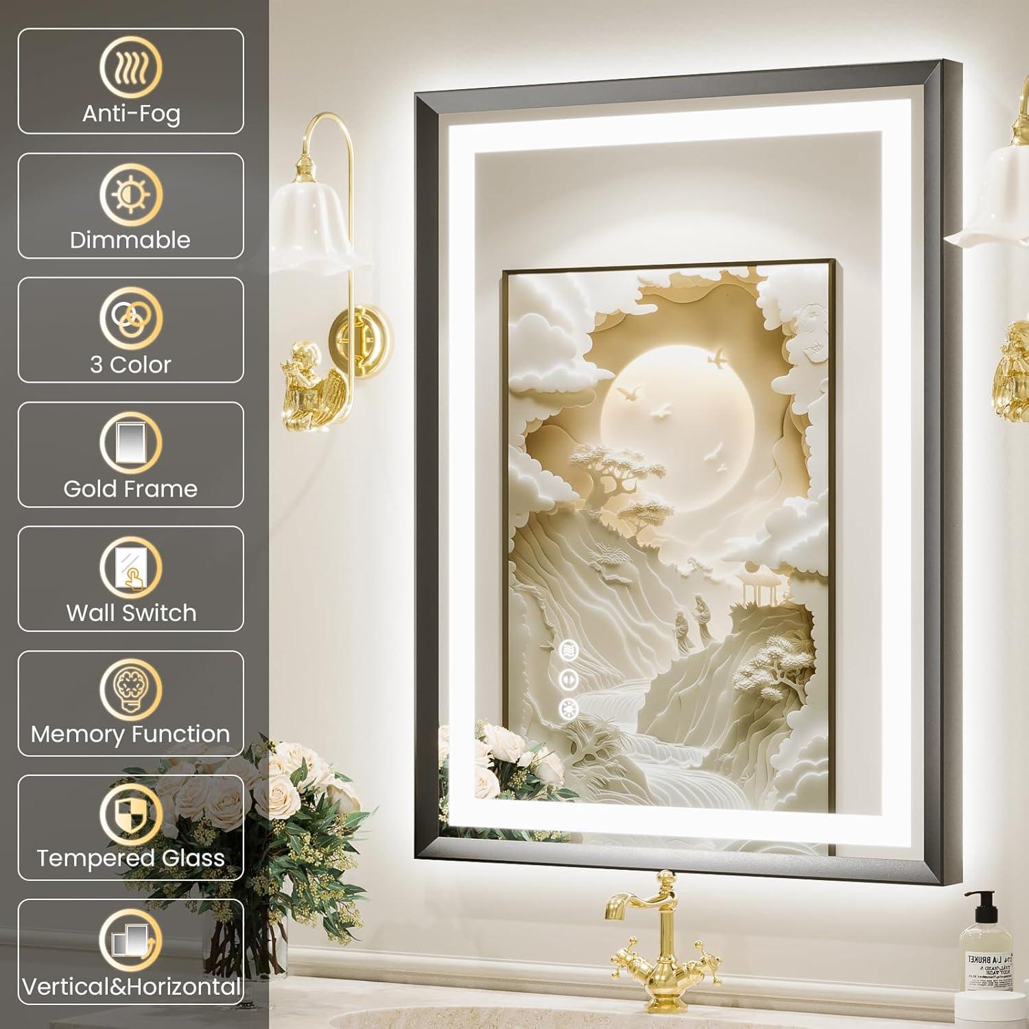 20"x 28" LED Bathroom Mirror with Lights, Brushed Black Metal Frame, Anti-Fog, Dimmable, Backlit + Front Lit, Tempered Glass, Lighted Bathroom Vanity Mirror for Wall(Horizontal/Vertical)