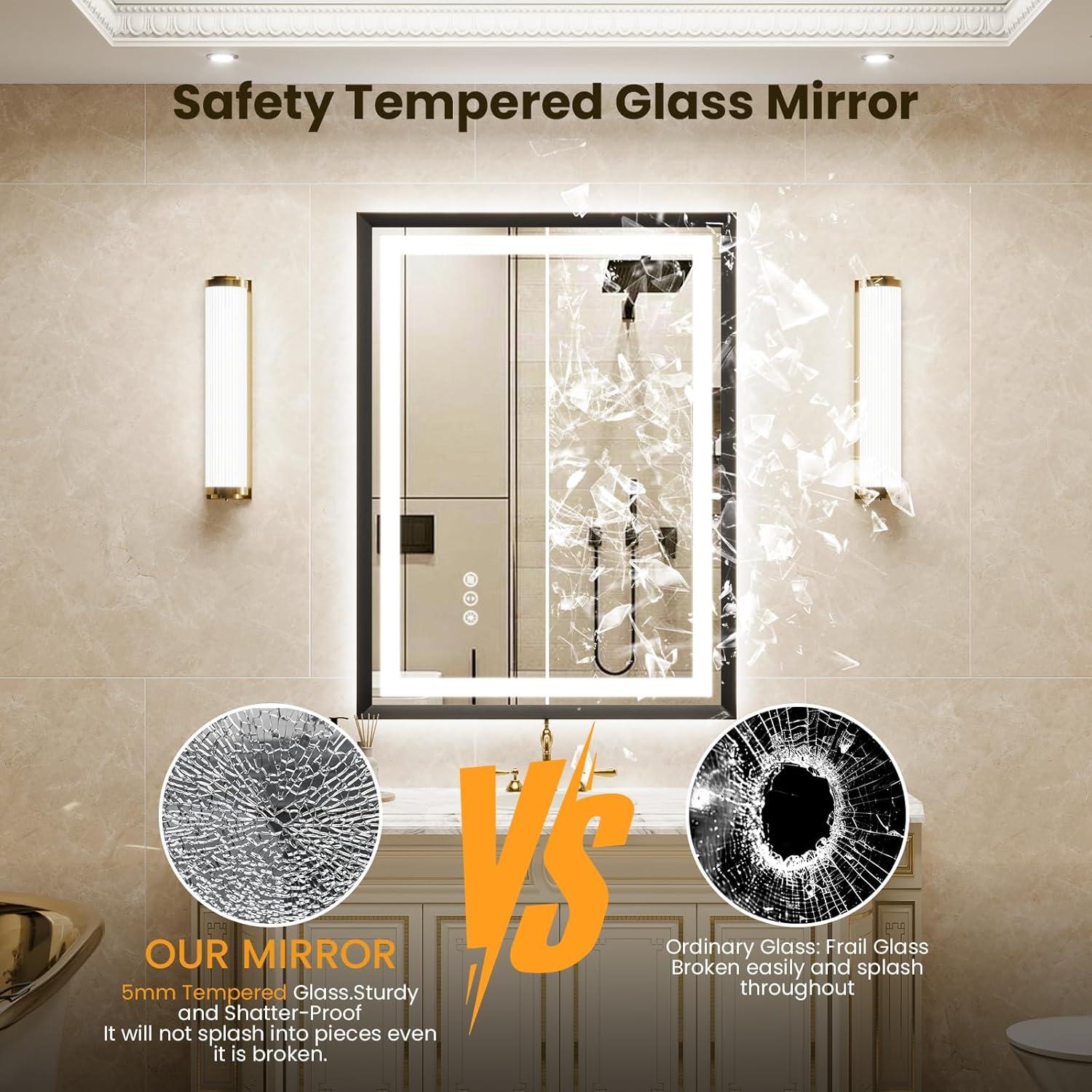 20"x 28" LED Bathroom Mirror with Lights, Brushed Black Metal Frame, Anti-Fog, Dimmable, Backlit + Front Lit, Tempered Glass, Lighted Bathroom Vanity Mirror for Wall(Horizontal/Vertical)