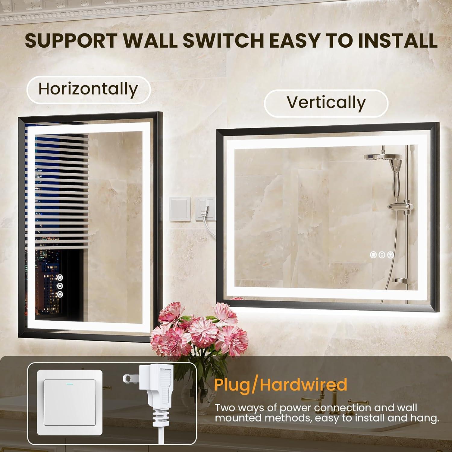 20"x 28" LED Bathroom Mirror with Lights, Brushed Black Metal Frame, Anti-Fog, Dimmable, Backlit + Front Lit, Tempered Glass, Lighted Bathroom Vanity Mirror for Wall(Horizontal/Vertical)