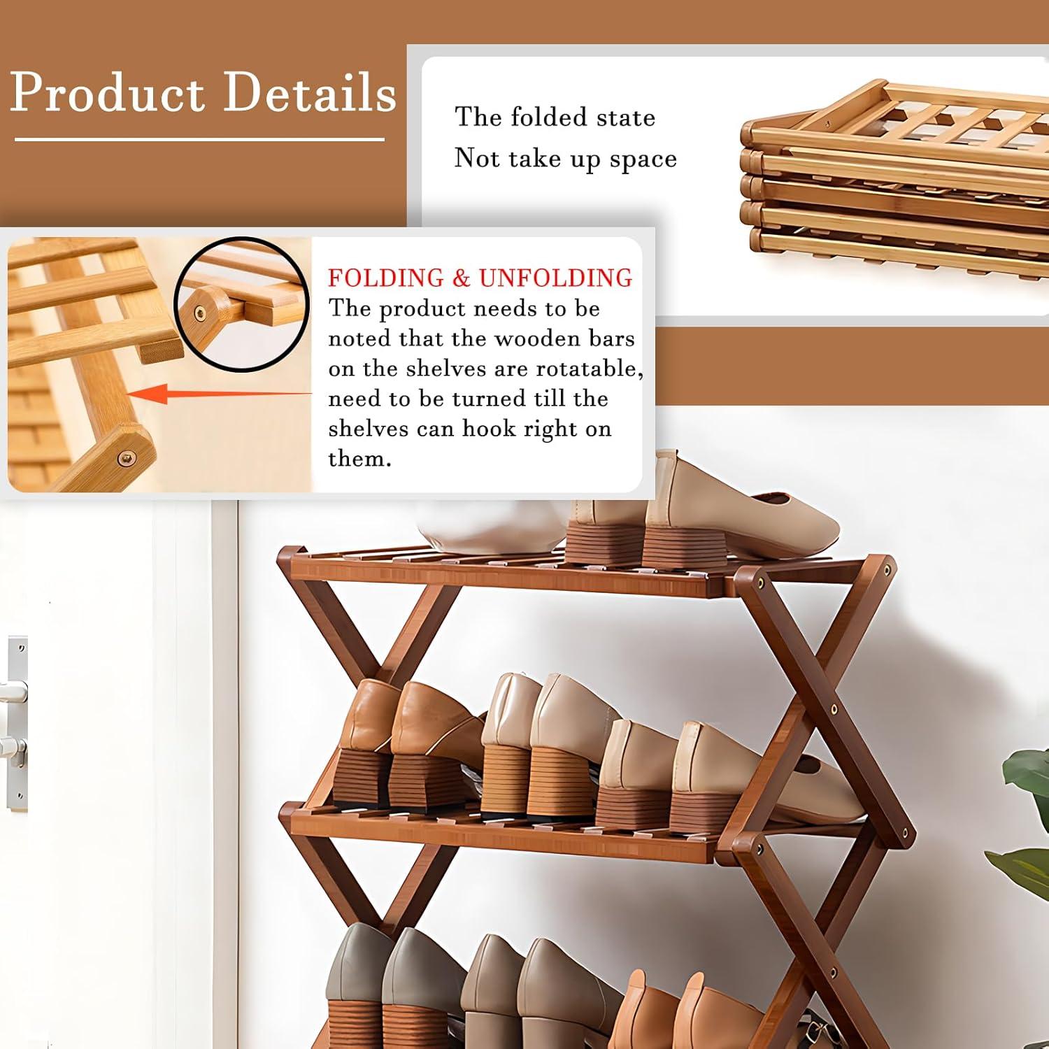 Estante para Zapatos de Bambú Jessie 3 Niveles Plegable 50x25x39cm