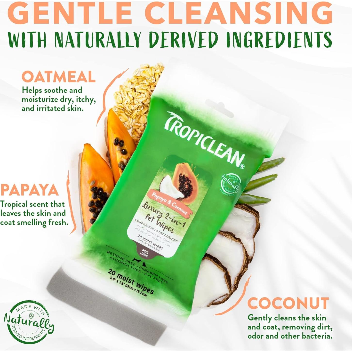 Toallitas TropiClean para Perros y Gatos 20ct - Limpieza y Desodorización Papaya
