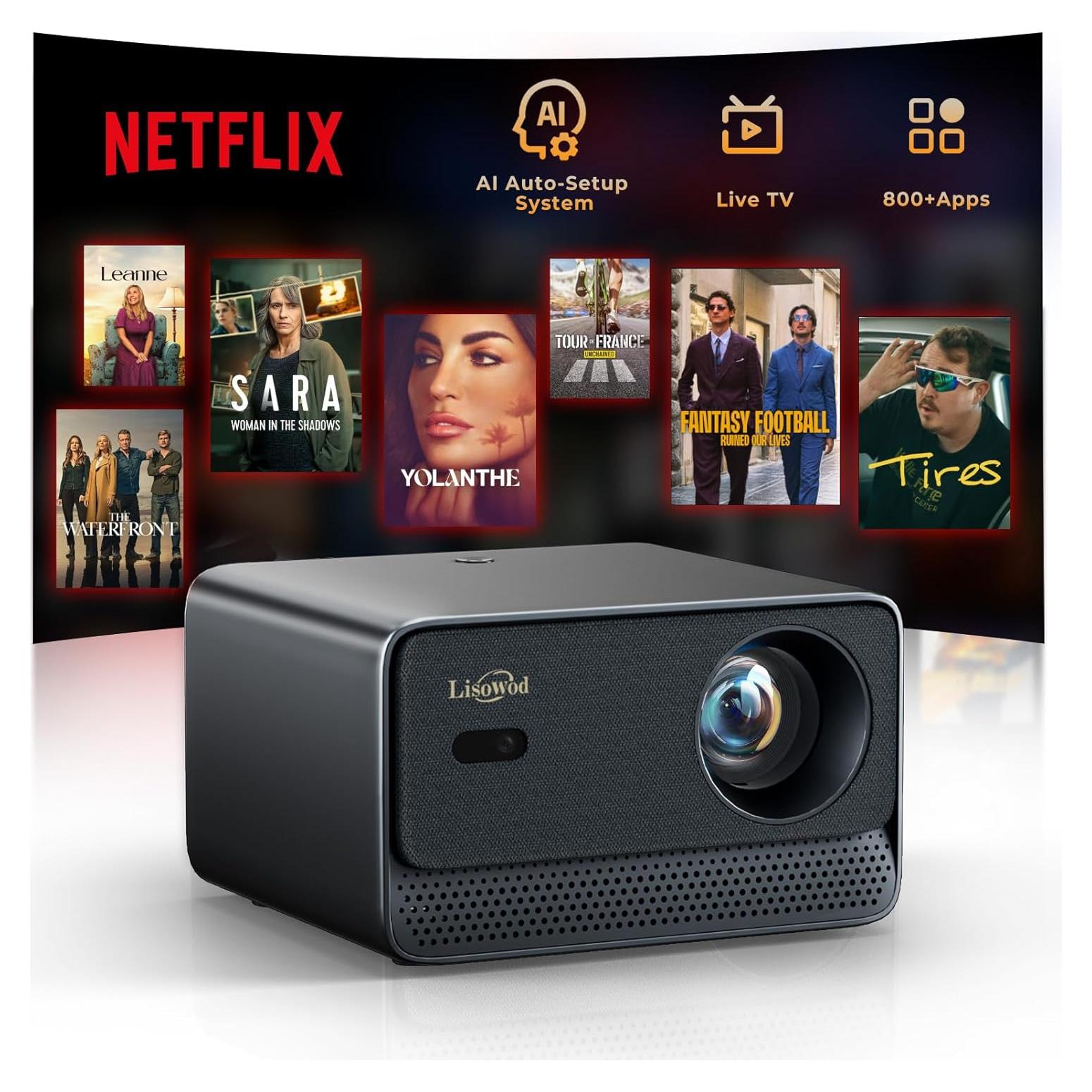 Projector with WiFi and Bluetooth, Mini-Projector: [For Netflix & AI Auto-Setup System & Live TV& 1000ANSI & 800+Built-inApps &Browser],Lisowod L03Pro 1080P Smart Portable-Outdoor-Movie Projector