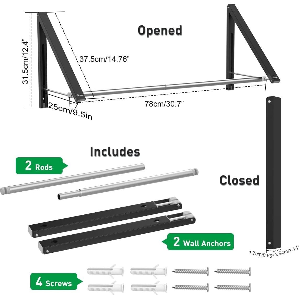 Perchero Plegable de Pared Anjuer - Aluminio Negro, 2 Percheros