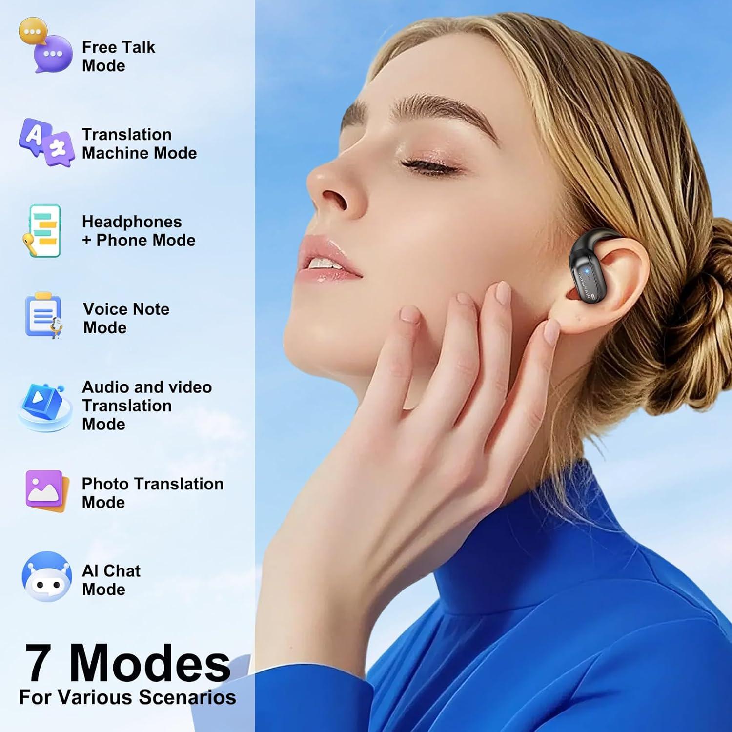 AI Translation Earbuds Real Time 164 Languages & Accents, Audifonos Traductores Inglés Español, IPX7 Waterproof & 10-Min Fast Charge, Bluetooth 5.4 Open-Ear Translator Earbuds for iOS/Android