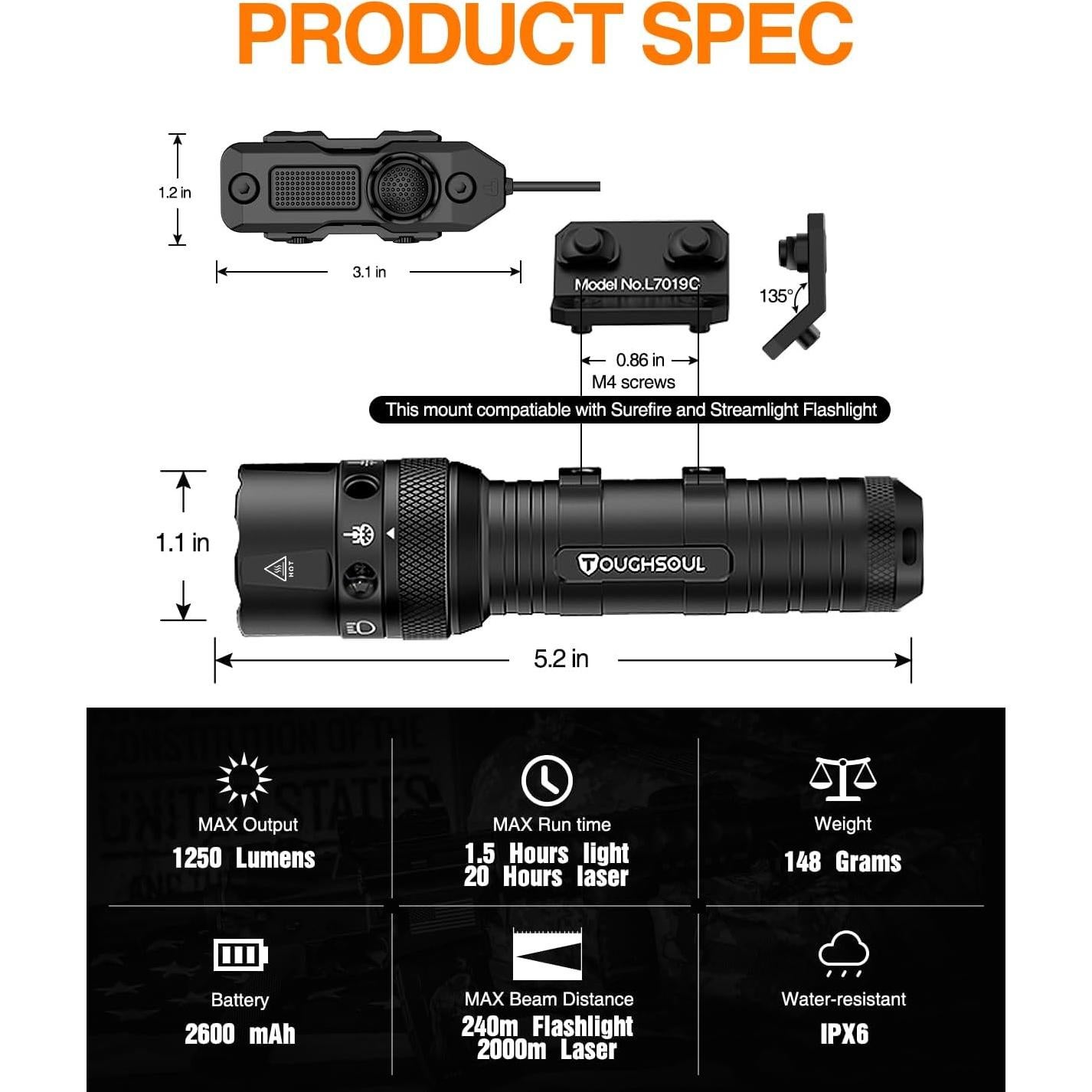 Linterna Táctica TOUGHSOUL 7019C 1250 Lúmenes LED y Láser