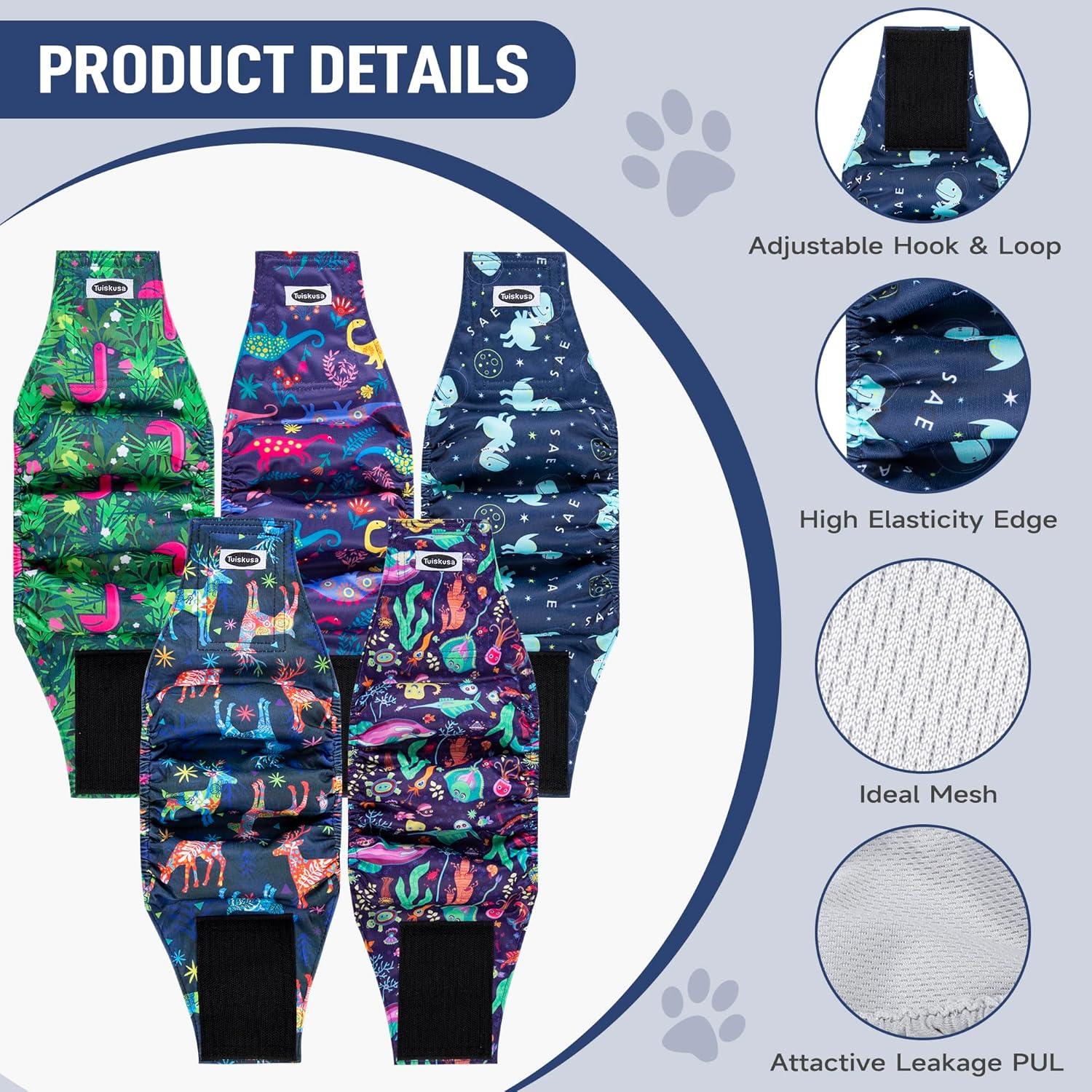 Paquete de 5 Pañales Reutilizables para Perros Machos Tuiskusa