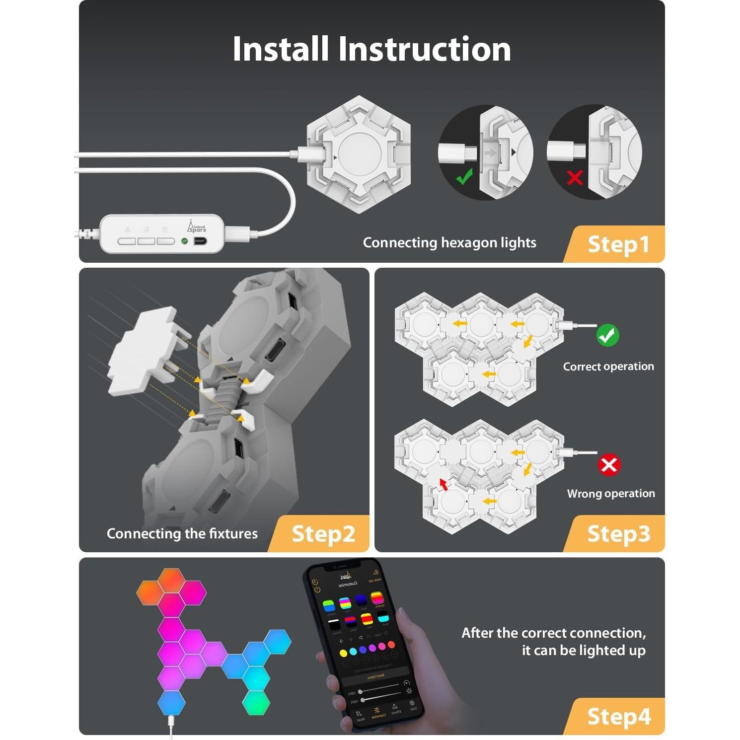 Paneles de Luz Hexagonal RGB LED LinkedSparx - Paquete de 8