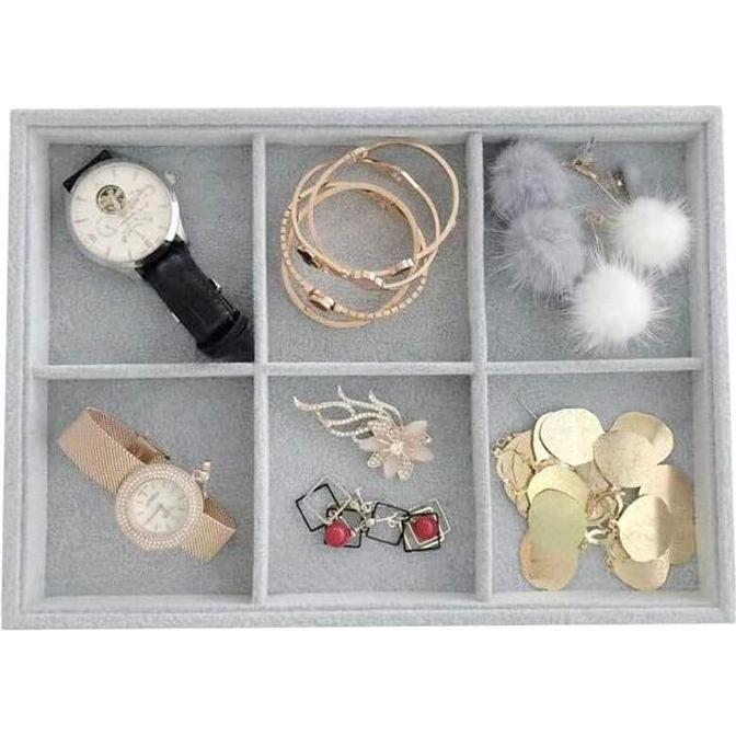 Bandeja Organizadora de Joyería Svea Display 6 Compartimentos Terciopelo Gris