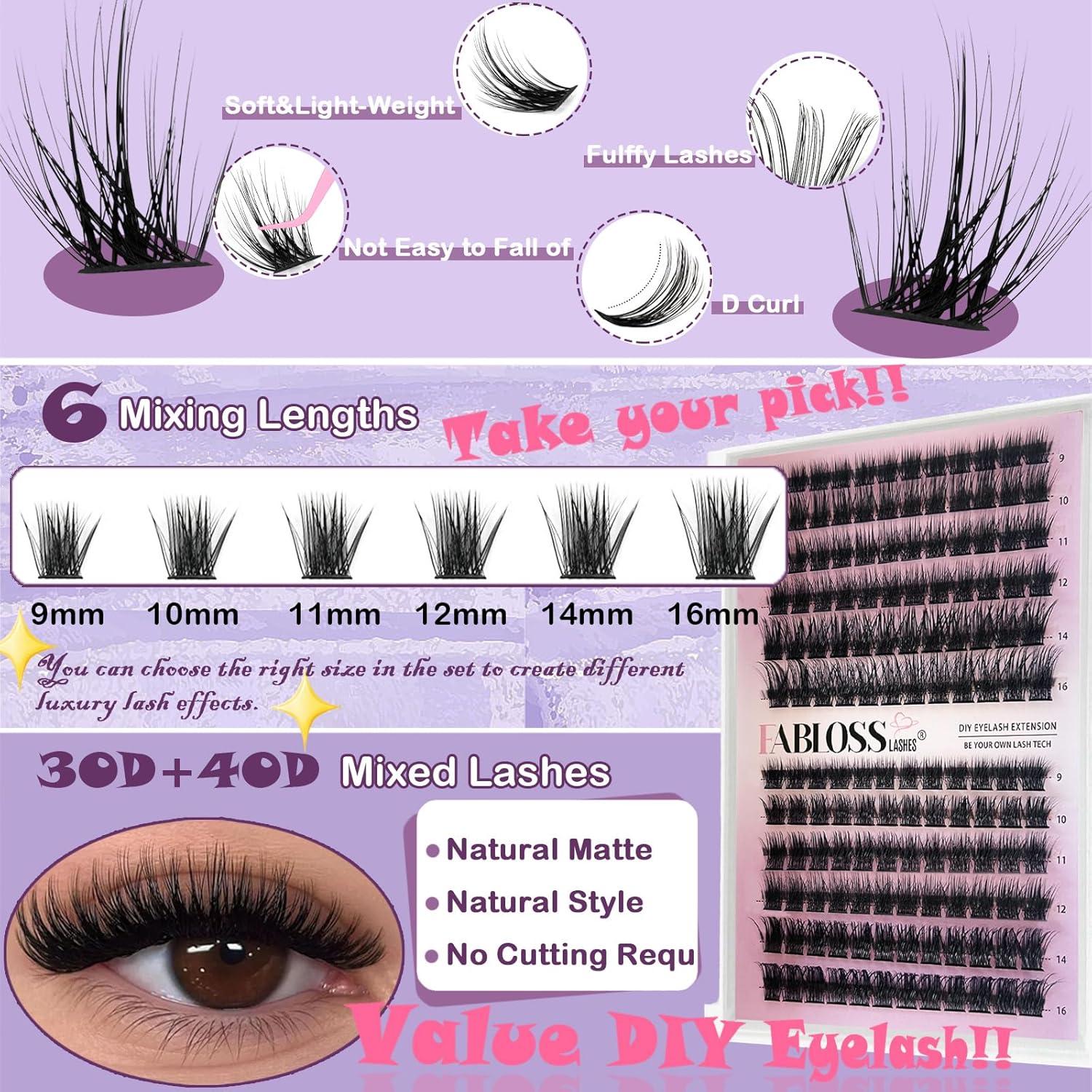 Kit de Extensión de Pestañas Fablosslashes 144Pcs 80D 9-16mm