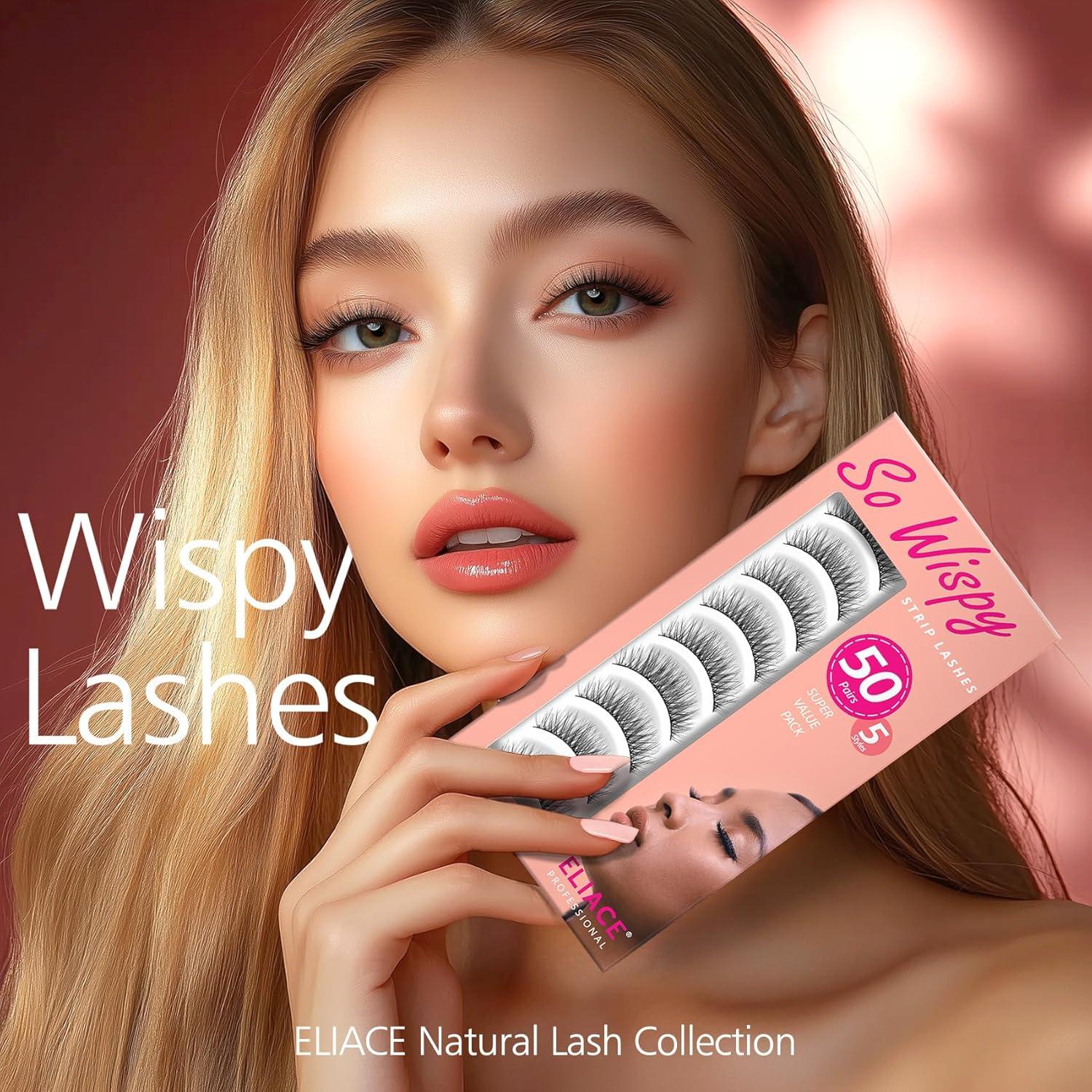 Eliace 50 Pares Pestañas Postizas Wispy Naturales Reutilizables