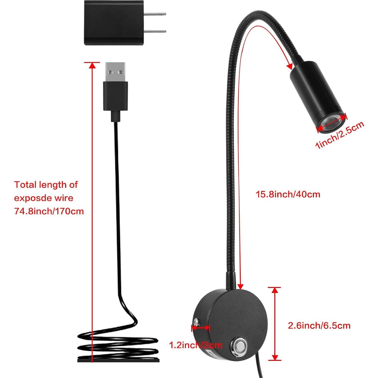 Luz de Lectura Montada en Pared FORHIZHOM con Brazo Flexible 38 cm