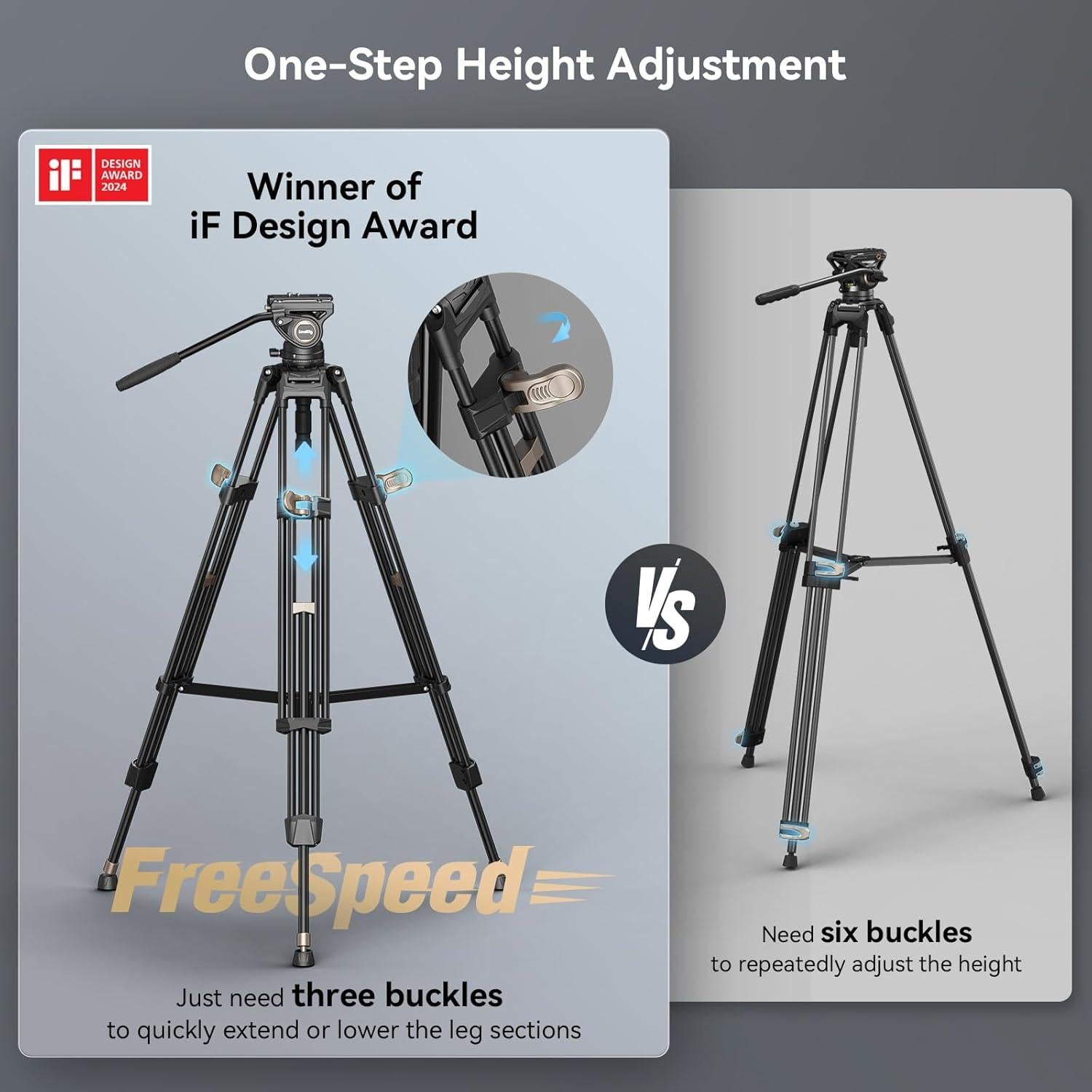 AD-80 FreeBlazer Heavy-Duty Video Tripod System, 75" Tall, Fluid Head, One-Step Height Adjust, Dual-Mode QR Plate, Load up to 17lbs, Professional Tripod for Camera