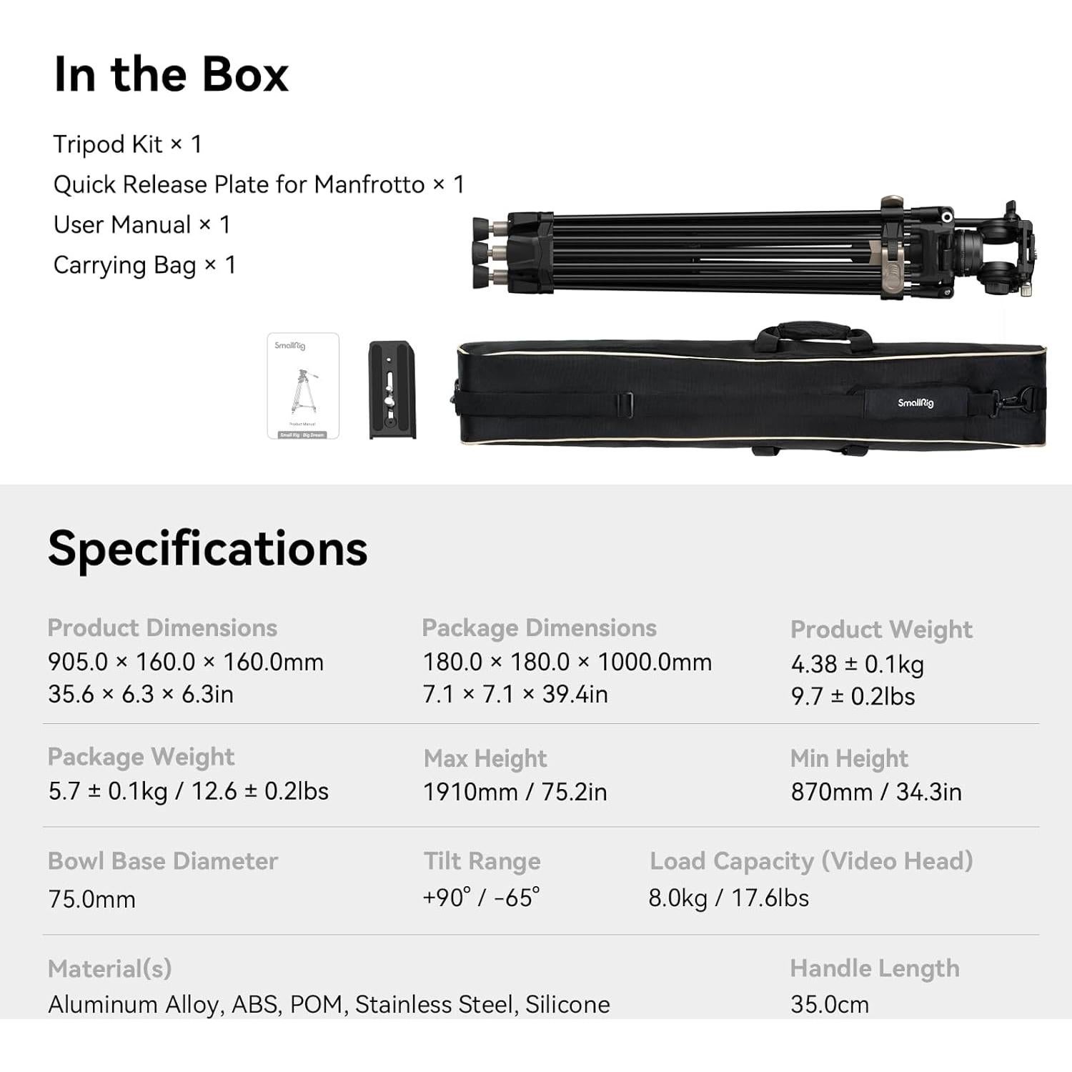 AD-80 FreeBlazer Heavy-Duty Video Tripod System, 75" Tall, Fluid Head, One-Step Height Adjust, Dual-Mode QR Plate, Load up to 17lbs, Professional Tripod for Camera