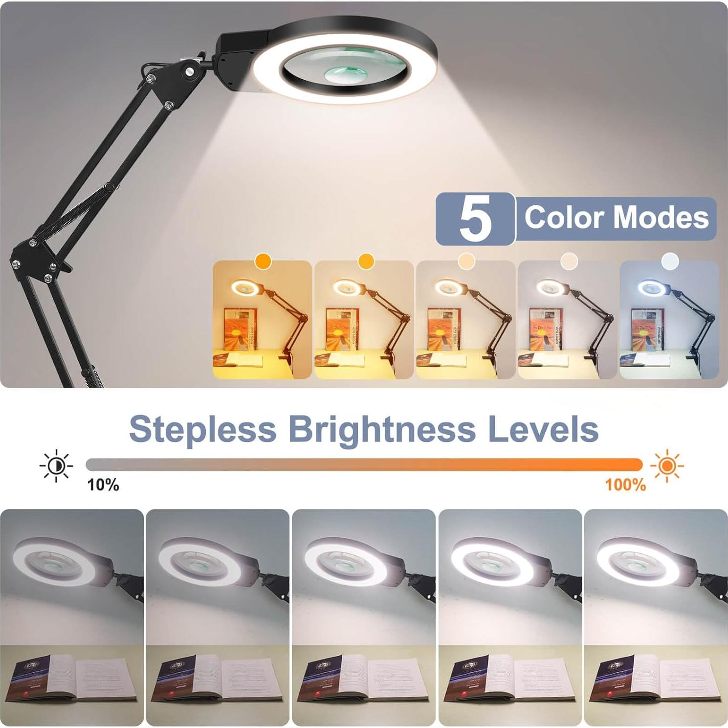 Lámpara de escritorio con lupa NOEVSBIG 10X-5X LED ajustable