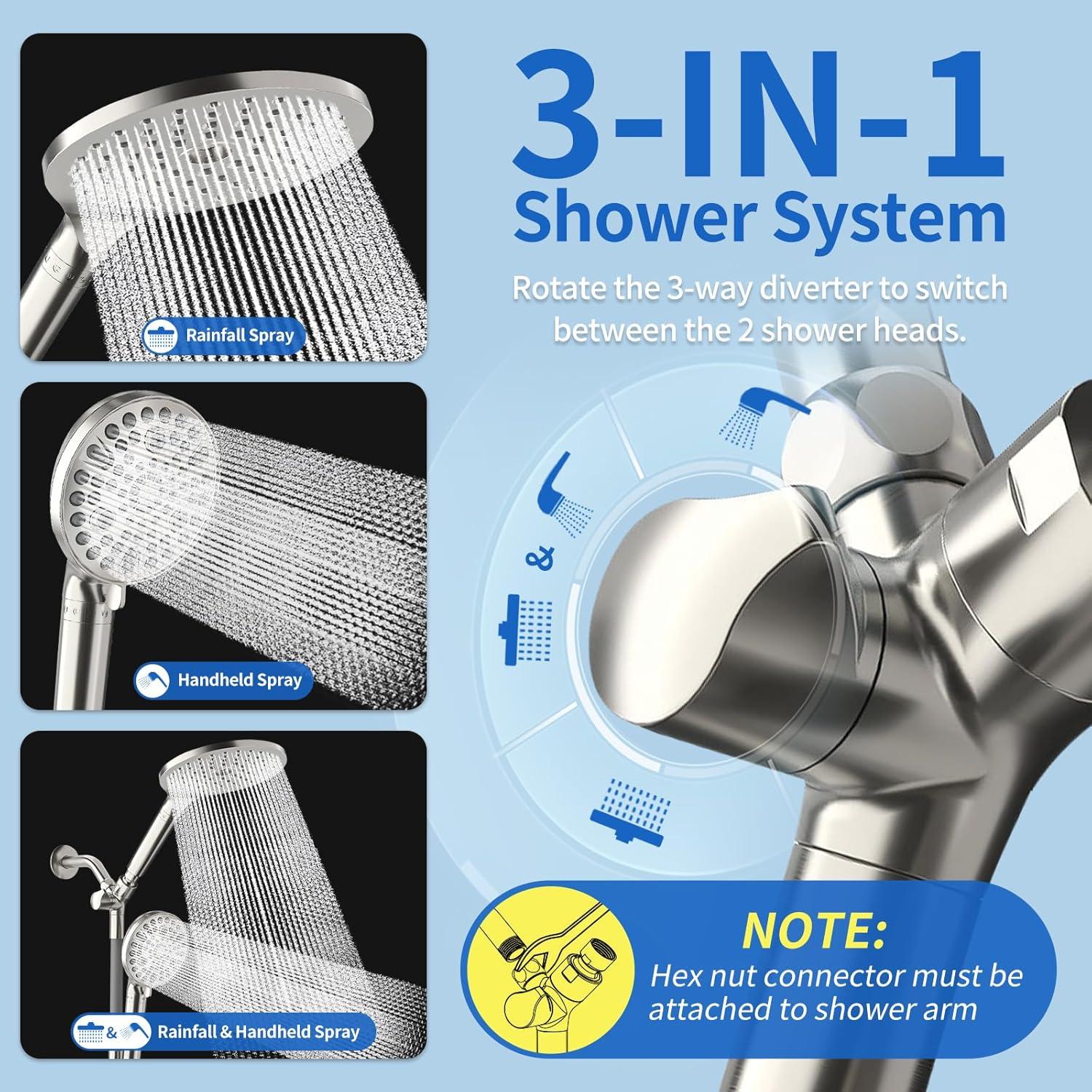 Cabezal de Ducha Doble JONKEAN 19 cm Filtrado 9 Modos Niquel