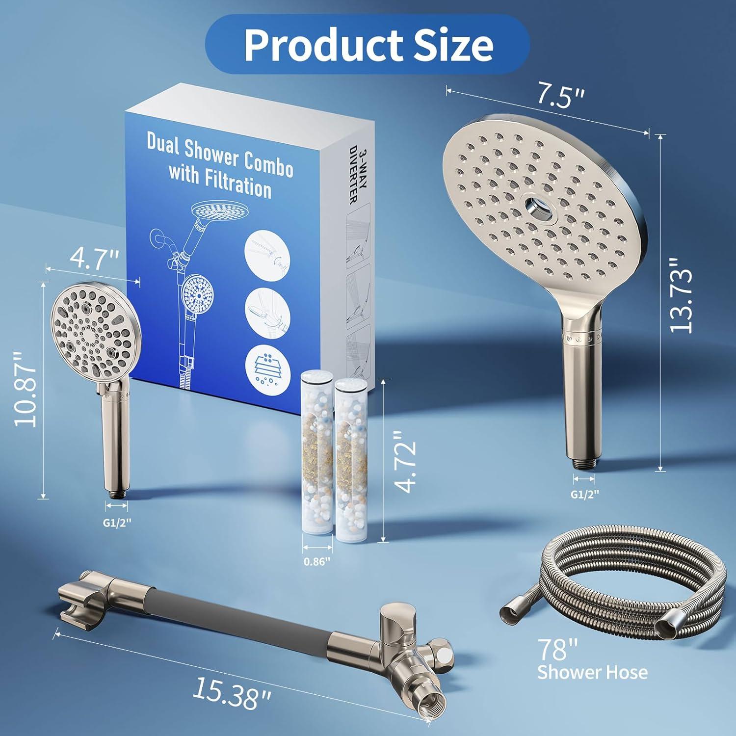 Cabezal de Ducha Doble JONKEAN 19 cm Filtrado 9 Modos Niquel