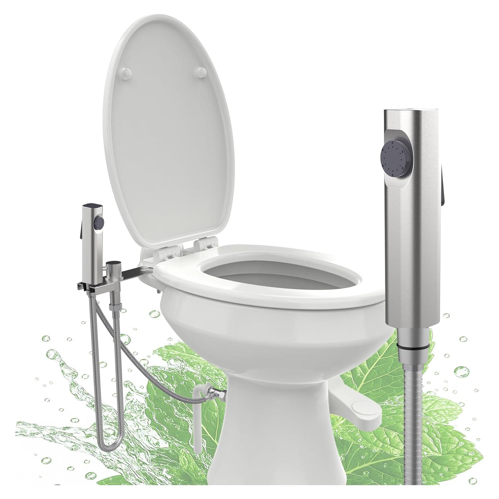 RV Bidet Sprayer with Stainless Steel Holster, Side-Mounted Handheld Bidet with Hose, Sprayer, RV Fitting, Shut-Off Handle, For RV, Motorhomes, Travel Trailers & Campers Toilet (Chrome-SideMount)