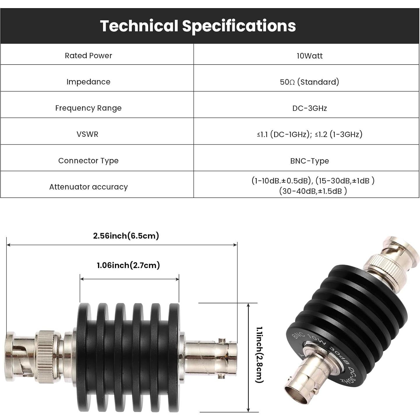 Atenuador Coaxial BNC 10W 10dB 50 Ohm DC-3GHz Profesional