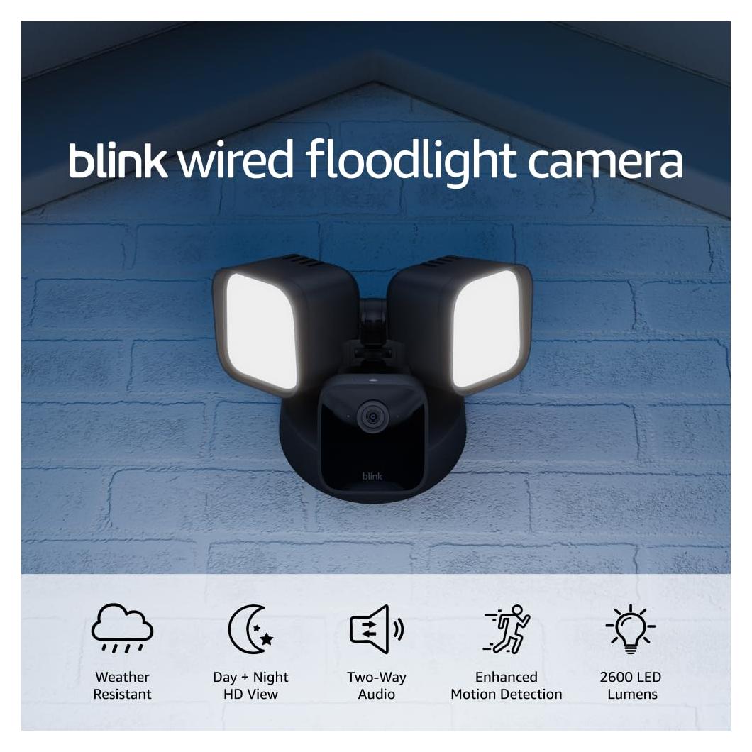 Blink Wired Floodlight Camera - Smart security camera, 2600 lumens, HD live view, enhanced motion detection, built-in siren, Works with Alexa – 1 camera (Black)