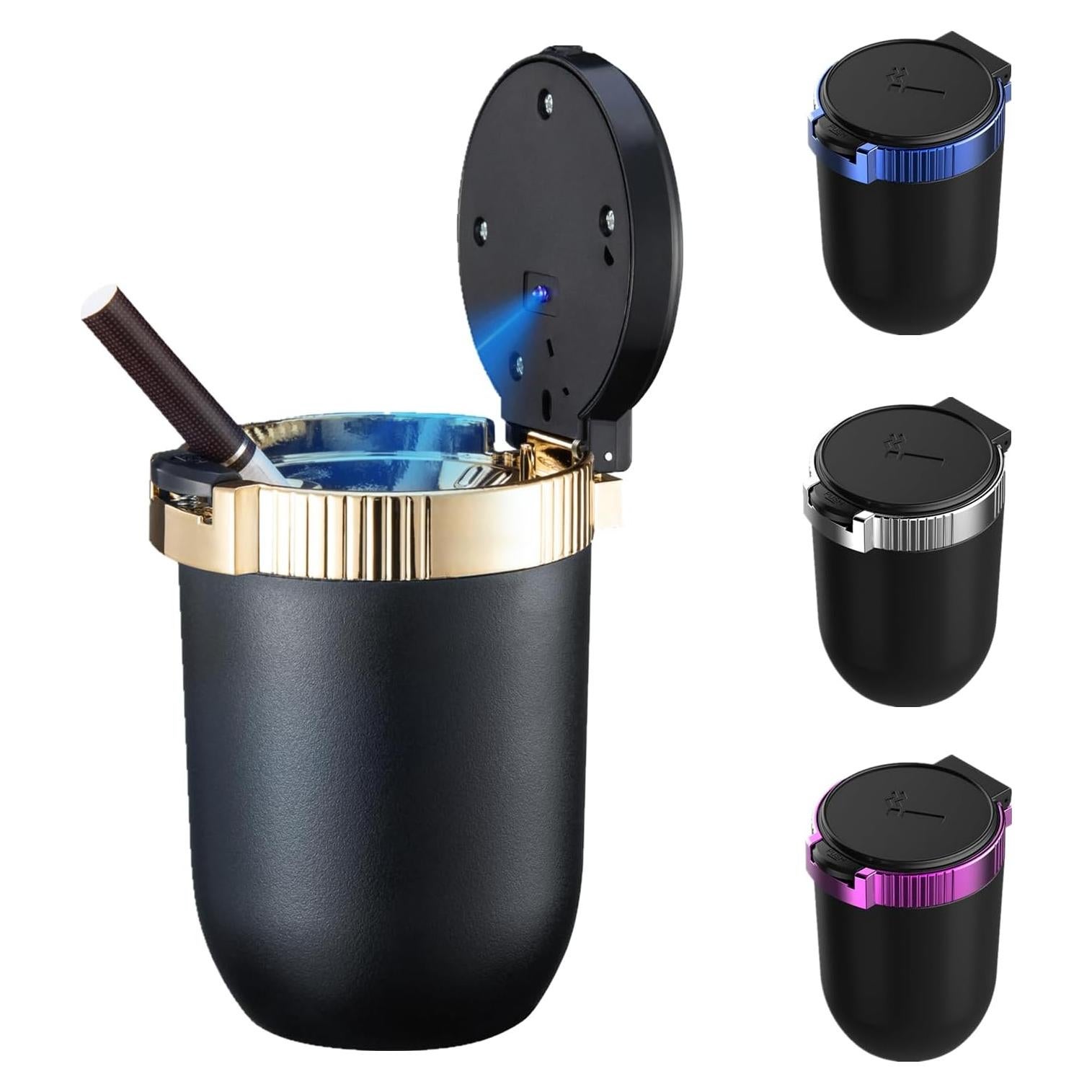 Cenicero de coche WQR con tapa y luz LED azul - Dorado