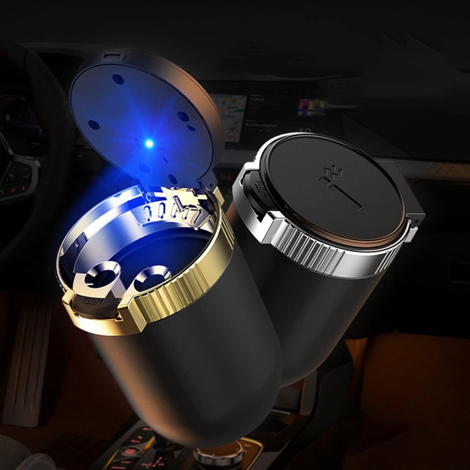 Cenicero de coche WQR con tapa y luz LED azul - Dorado