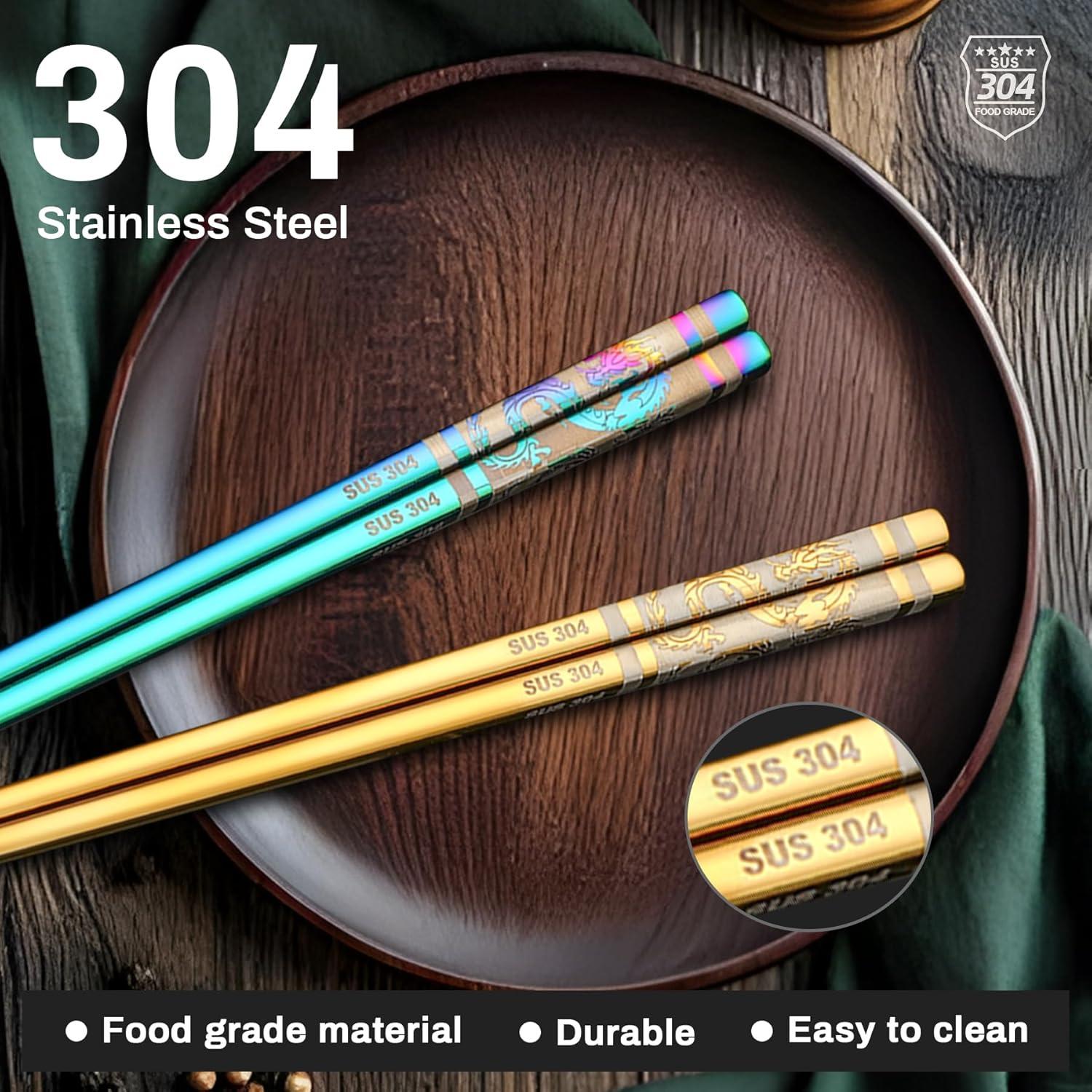 Juego de Palillos Reutilizables Aniuway 23 cm Acero Inoxidable 304 Dragón