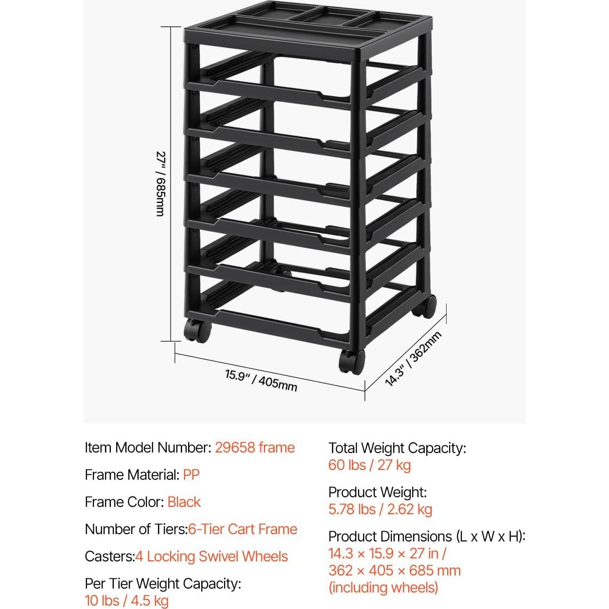 Carro de Almacenamiento Rodante VEVOR 6 Niveles Negro PP