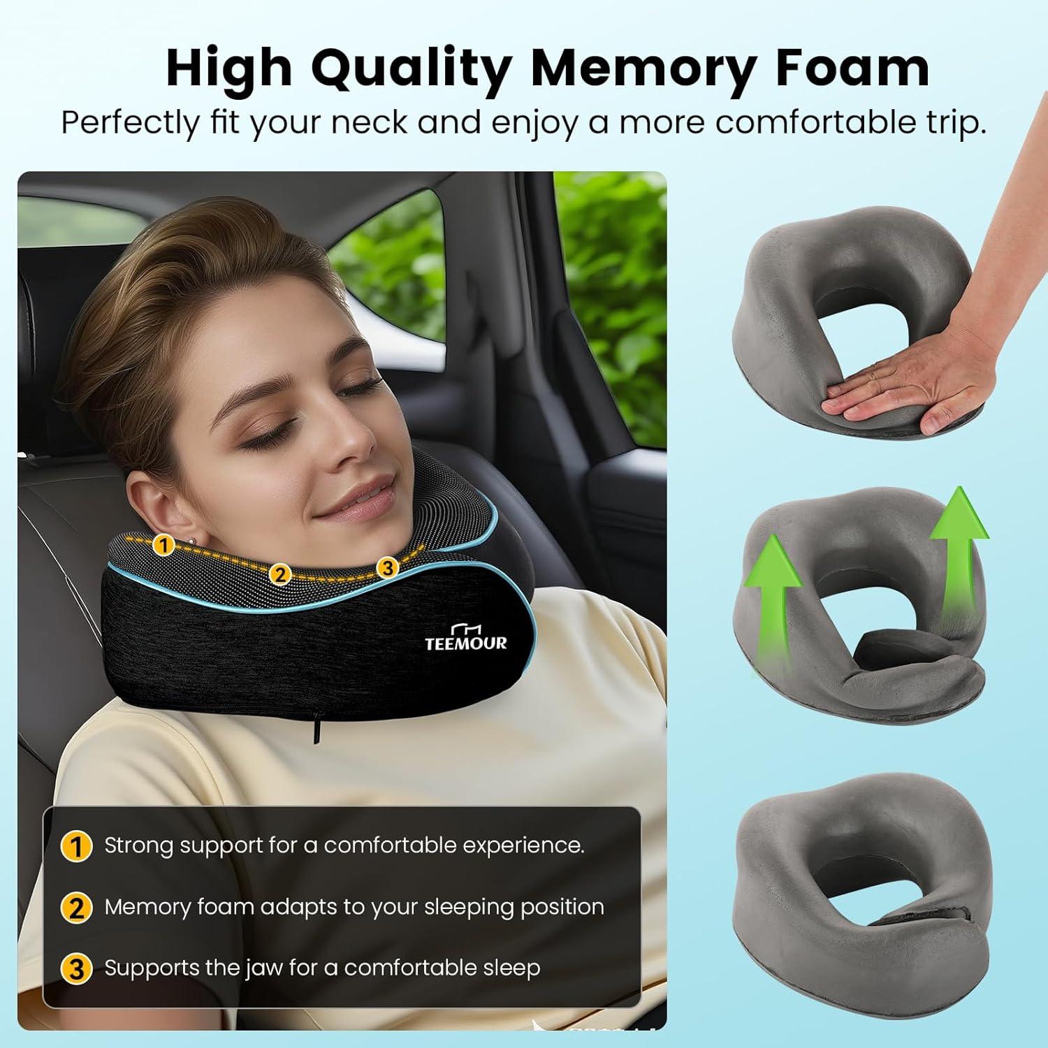 Almohada de Cuello Teemour para Viajes - Espuma con Memoria, Ajustable, Negra