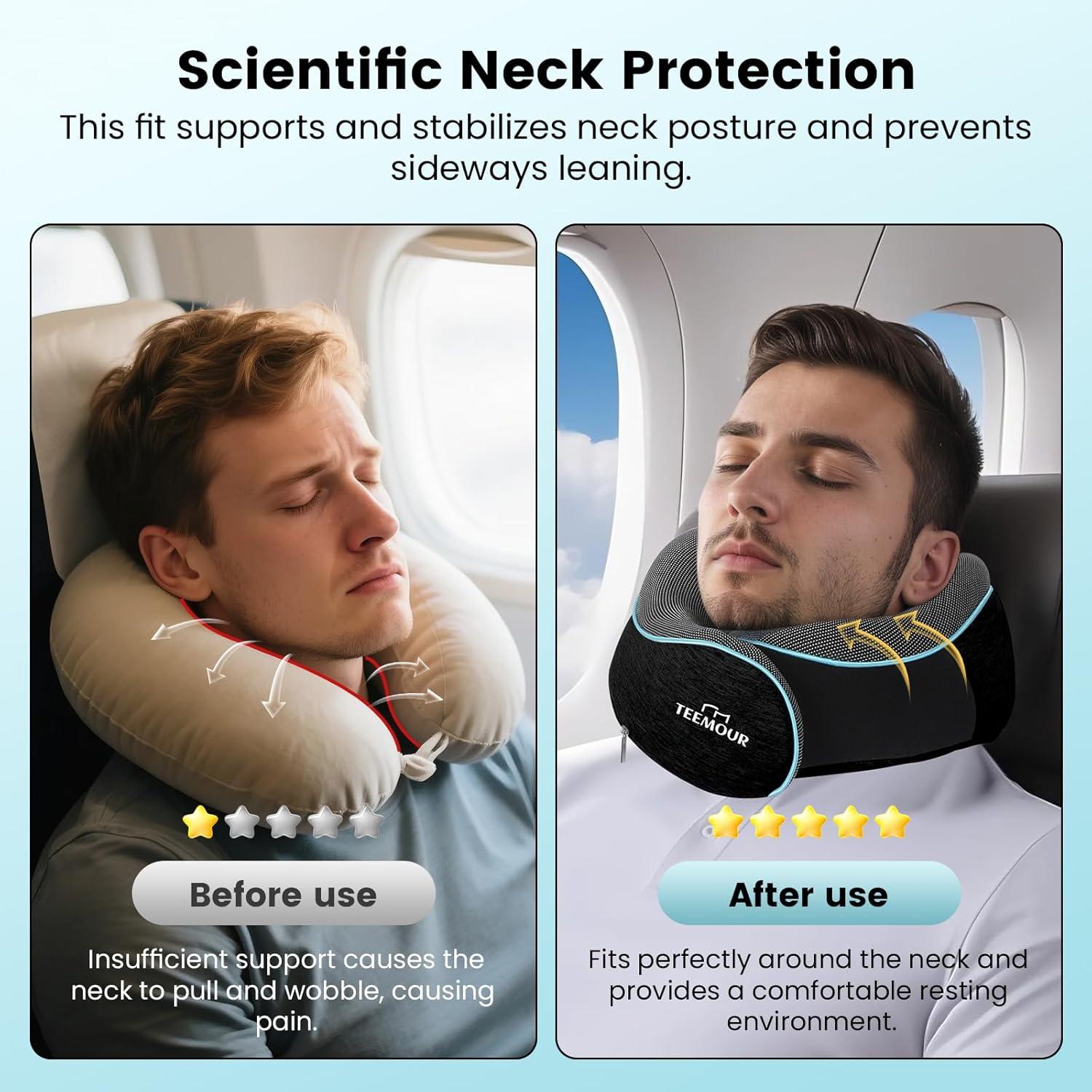 Almohada de Cuello Teemour para Viajes - Espuma con Memoria, Ajustable, Negra