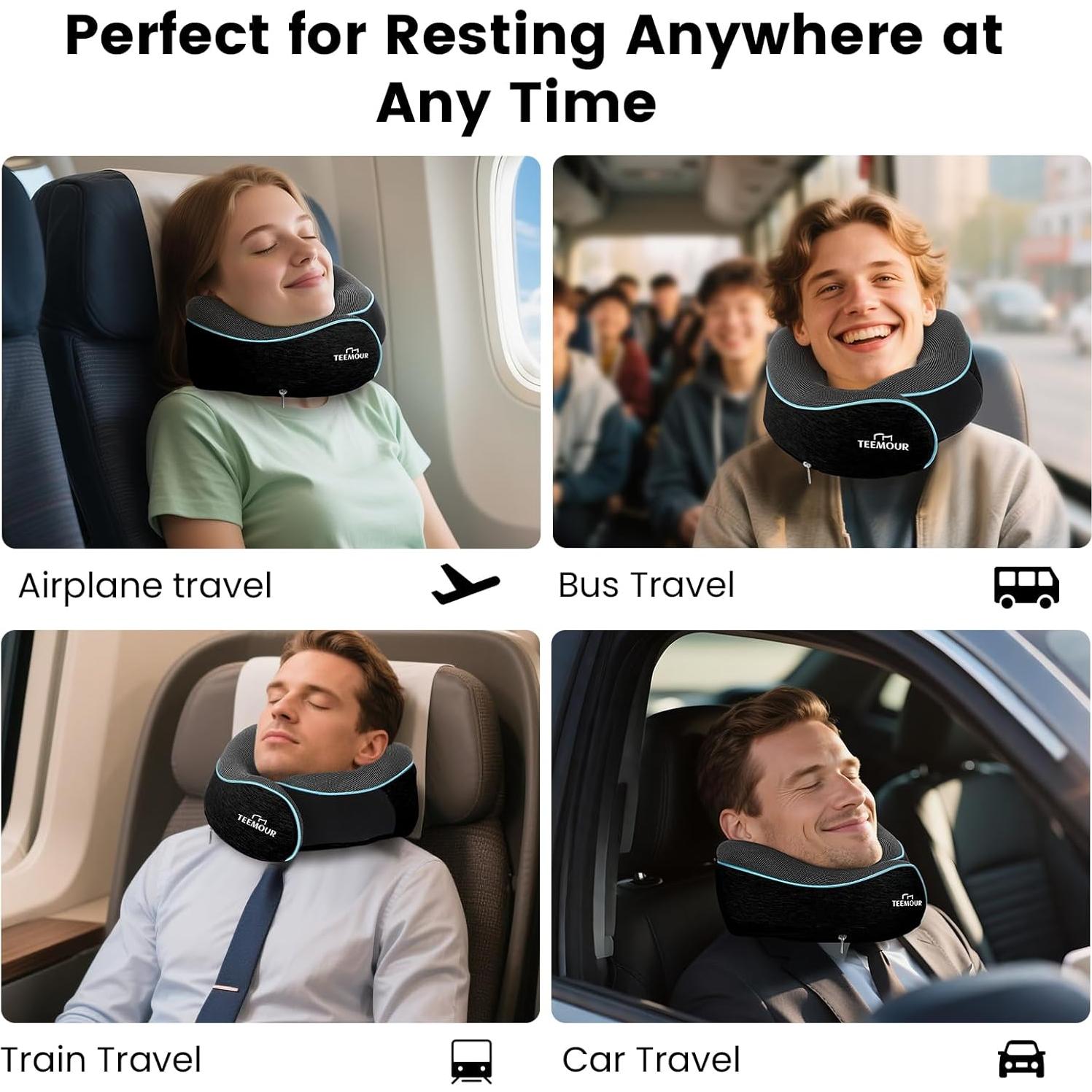 Almohada de Cuello Teemour para Viajes - Espuma con Memoria, Ajustable, Negra