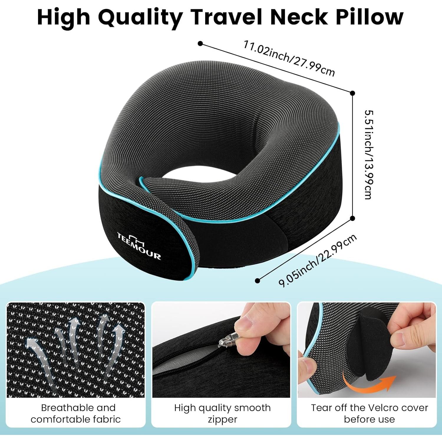 Almohada de Cuello Teemour para Viajes - Espuma con Memoria, Ajustable, Negra