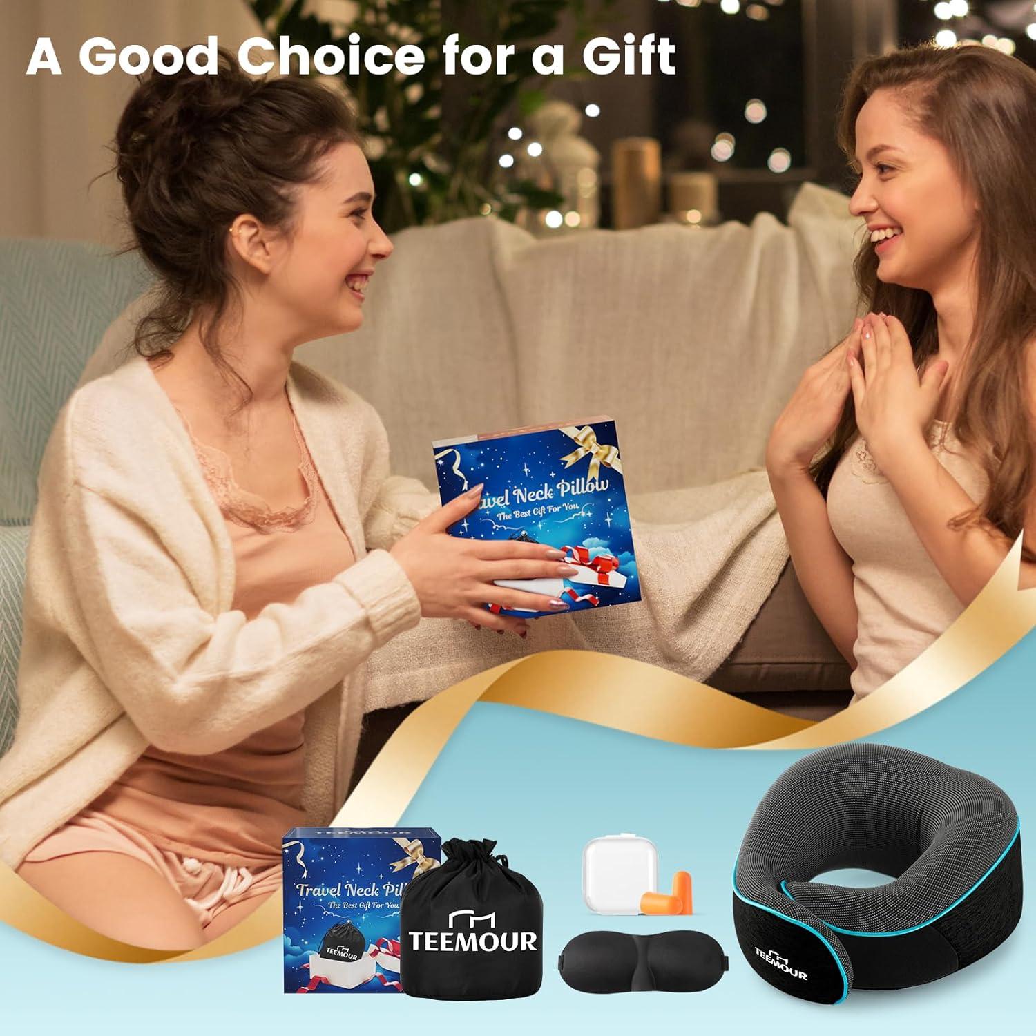 Almohada de Cuello Teemour para Viajes - Espuma con Memoria, Ajustable, Negra