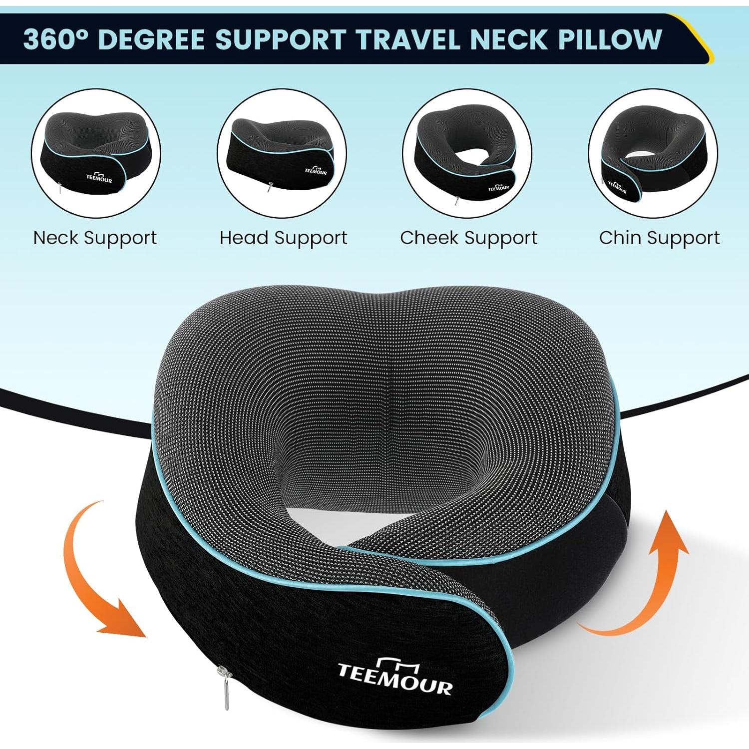 Almohada de Cuello Teemour para Viajes - Espuma con Memoria, Ajustable, Negra