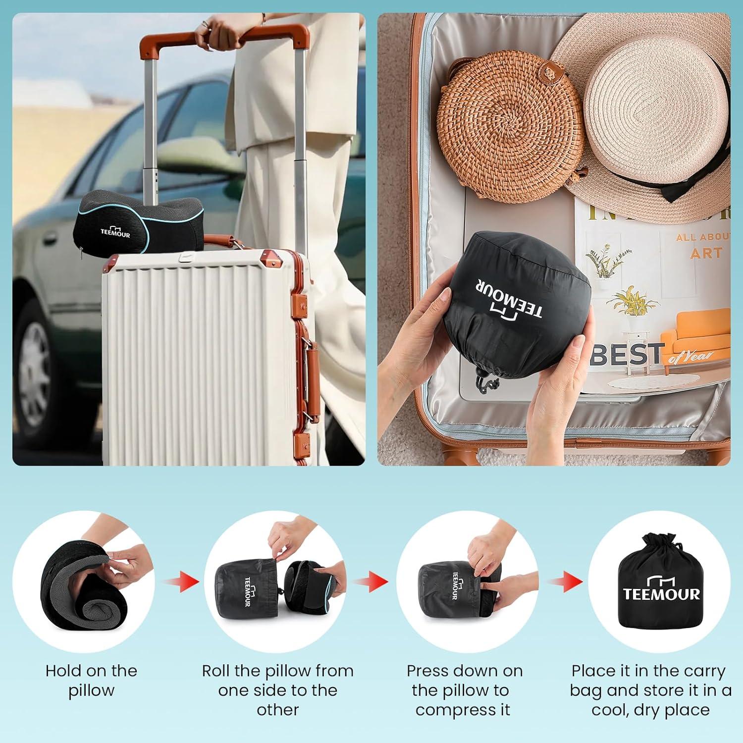 Almohada de Cuello Teemour para Viajes - Espuma con Memoria, Ajustable, Negra